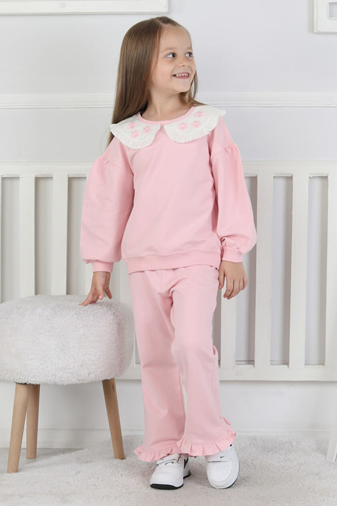 İSOB2İ Nakış Yakalı 2 İp Fırçalı Kumaş %100 Pamuk Kız Çocuk Takımı 2-6 Yaş 24051