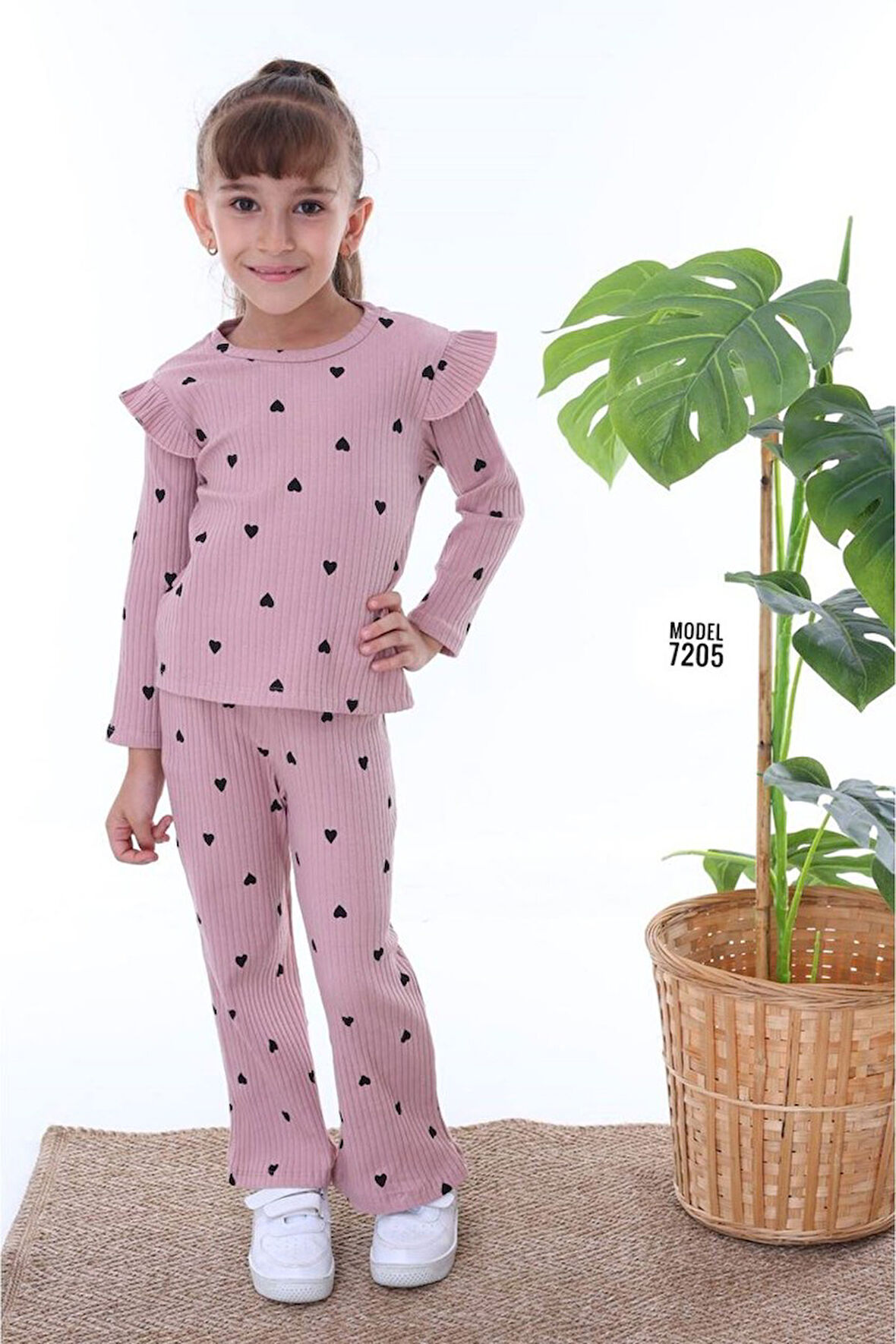 PJK2İ Kalp Desenli Gül Kurusu Fitilli 2 İp %100 Pamuk Kız Çocuk Takımı 3-10 Yaş 7205-GK