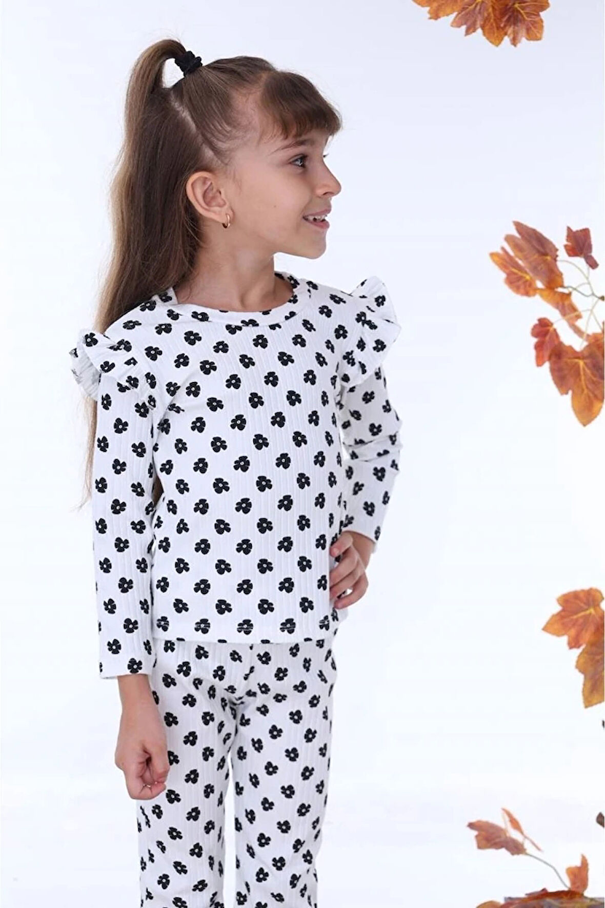 PJK2İ Papatya Desenli Ekru Fitilli 2 İp %100 Pamuk Kız Çocuk Takımı 3-10 Yaş 7207-E