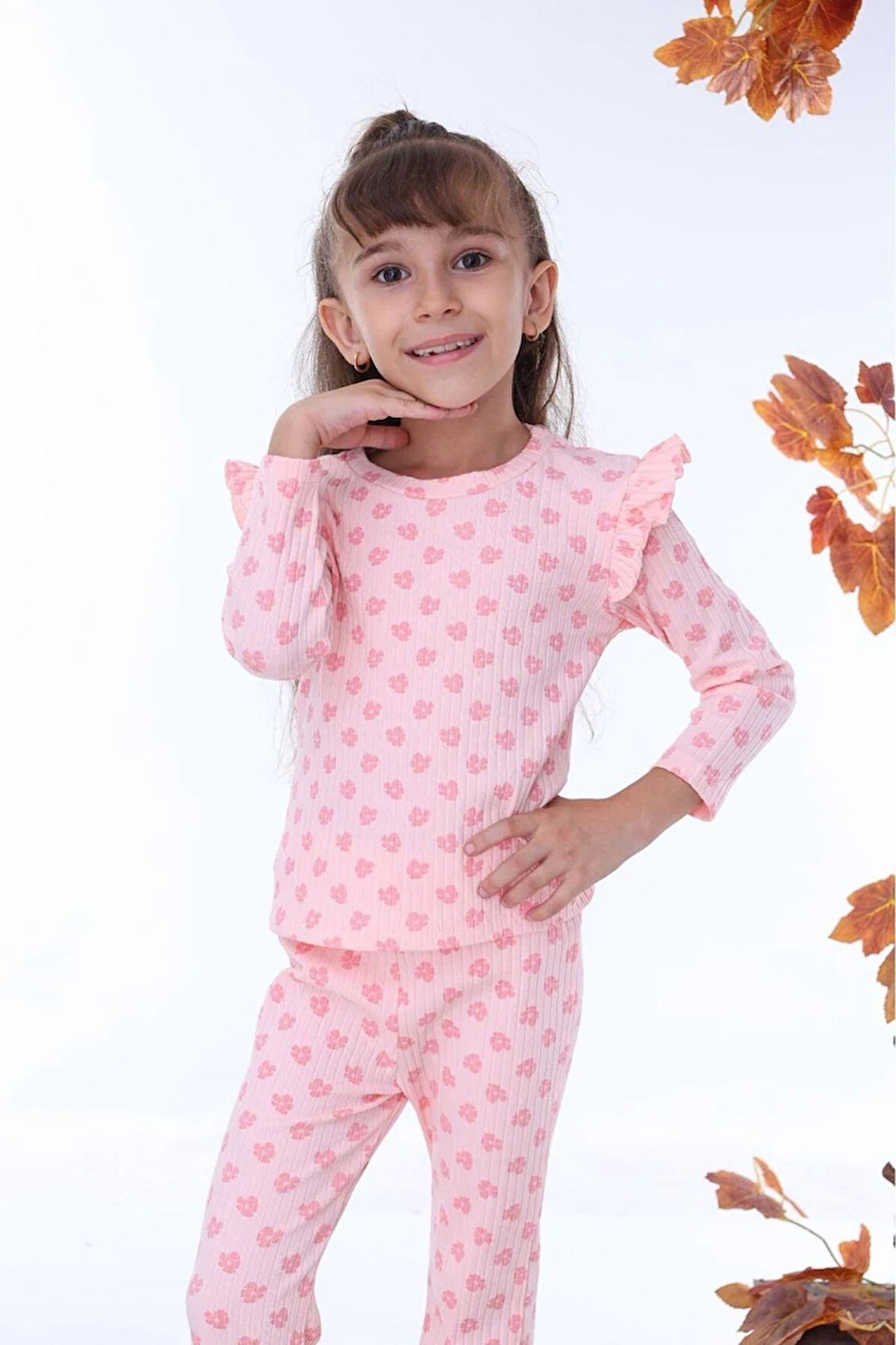 PJK2İ Papatya Desenli Pembe Fitilli 2 İp %100 Pamuk Kız Çocuk Takımı 3-10 Yaş 7207-P