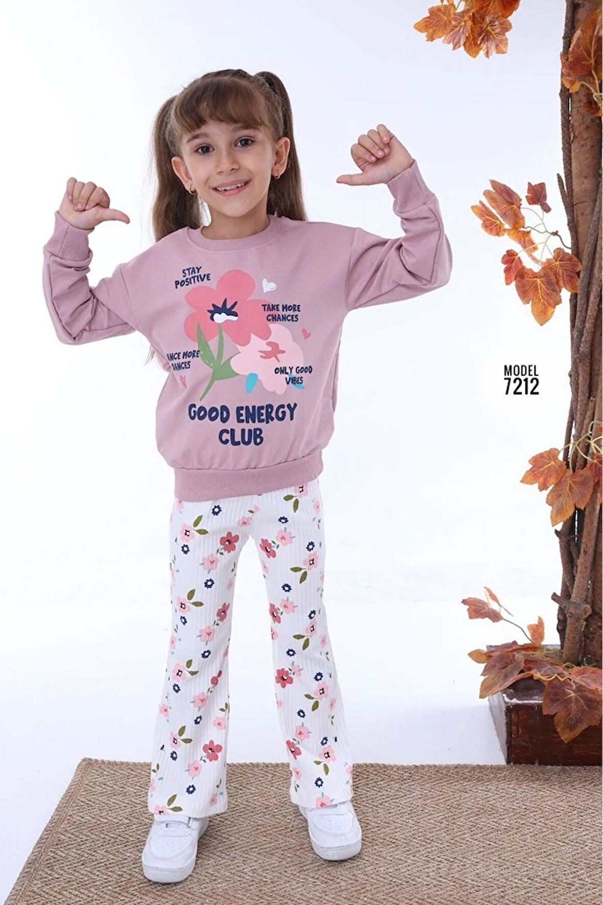 PJK2İ Çiçek Desenli Gül Kurusu Fitilli Taytlı 2 İp %100 Pamuk Kız Çocuk Takımı 3-10 Yaş 7212-GK