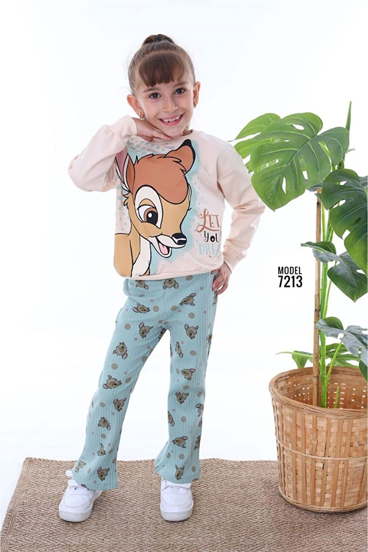 PJK2İ BMB Desenli Yeşil Fitilli Taytlı 2 İp %100 Pamuk Kız Çocuk Takımı 3-10 Yaş 7213-Y