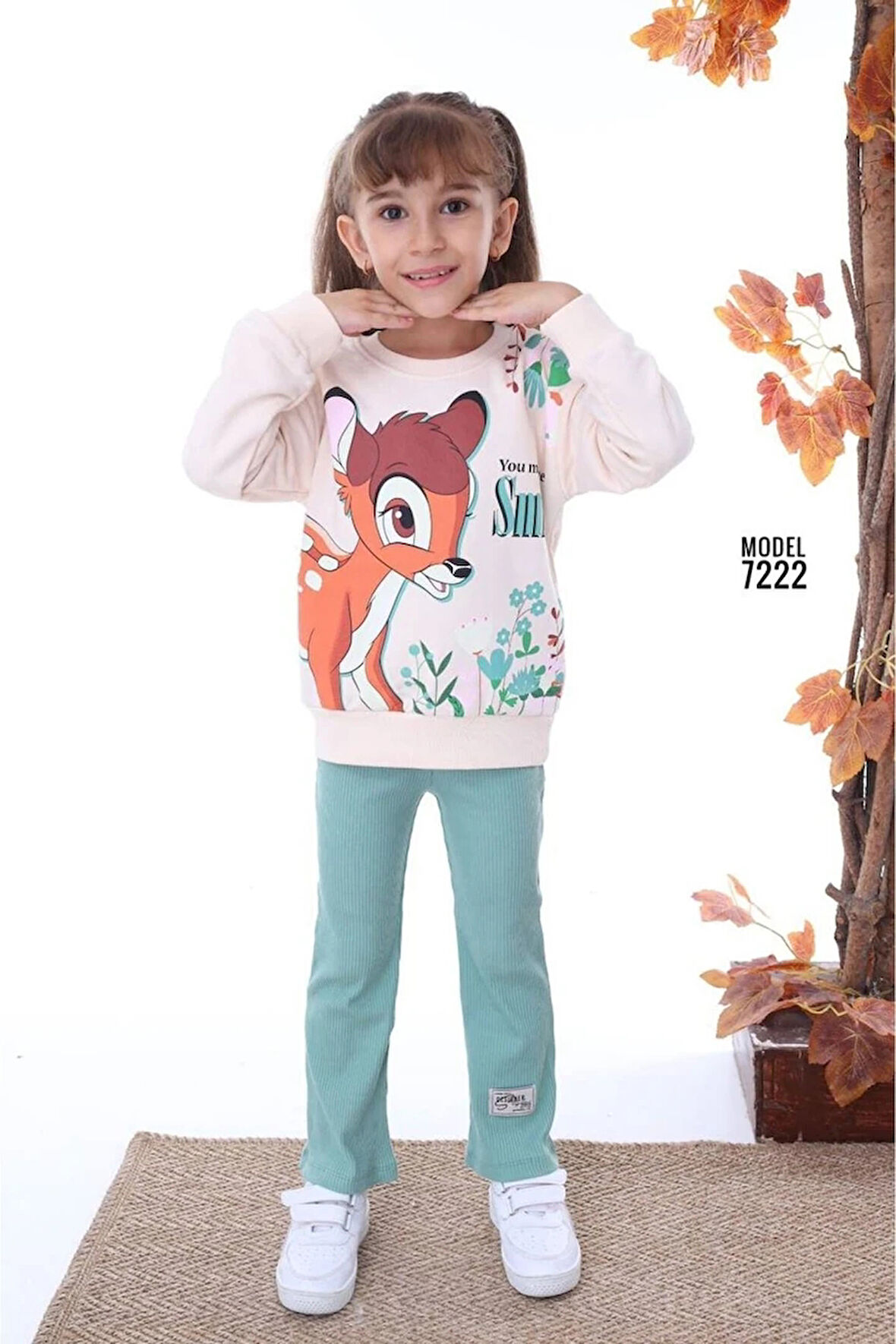 PJK2İ BMB Desenli Yeşil Fitilli Taytlı 2 İp %100 Pamuk Kız Çocuk Takımı 3-10 Yaş 7222-Y