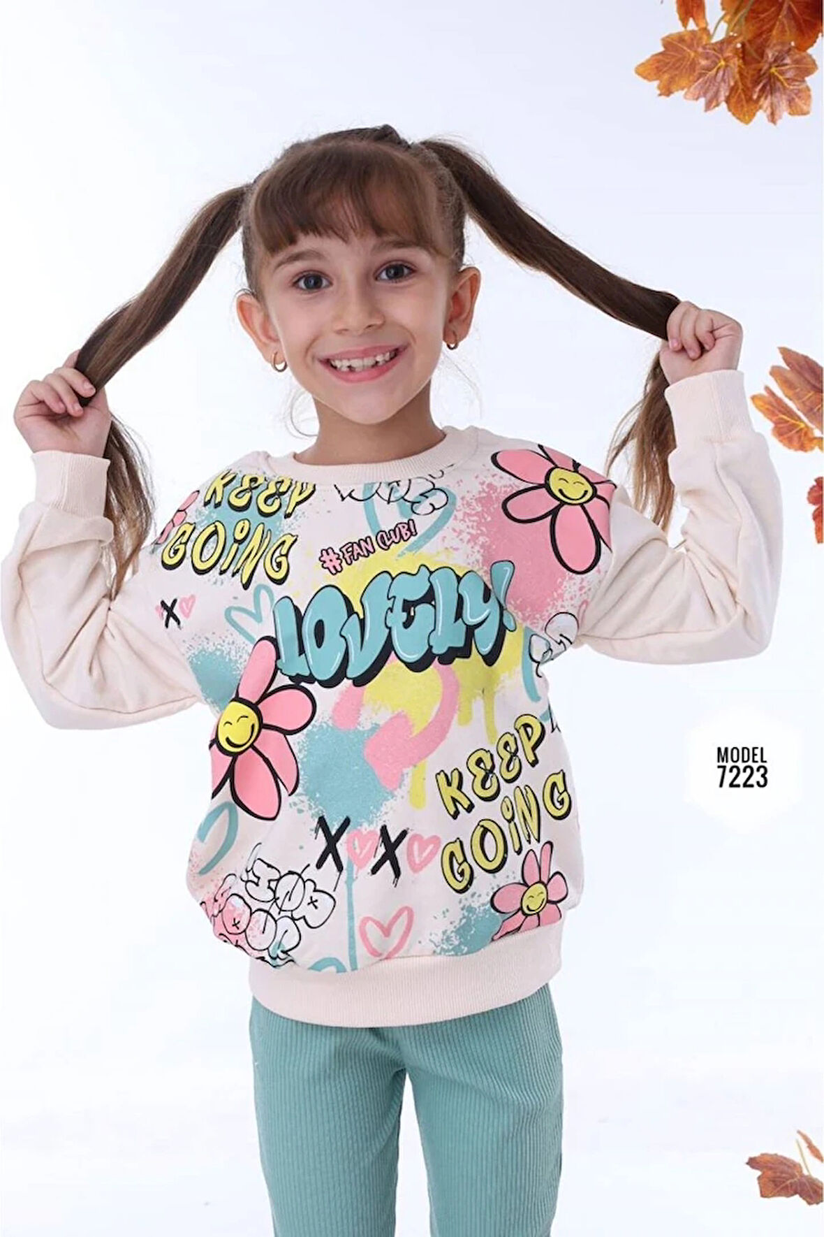 PJK2İ Love Sweat Desenli Yeşil Fitilli Taytlı 2 İp %100 Pamuk Kız Çocuk Takımı 3-10 Yaş 7223-Y