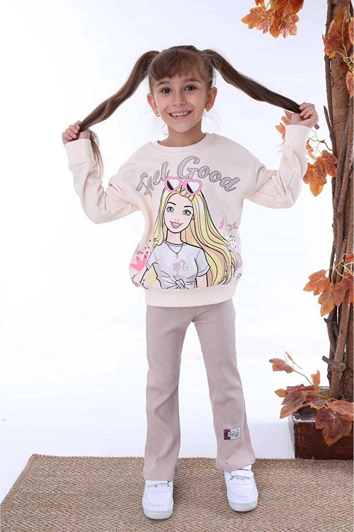 PJK2İ Barbie Desenli Bej Fitilli Taytlı 2 İp %100 Pamuk Kız Çocuk Takımı 3-10 Yaş 7226-B