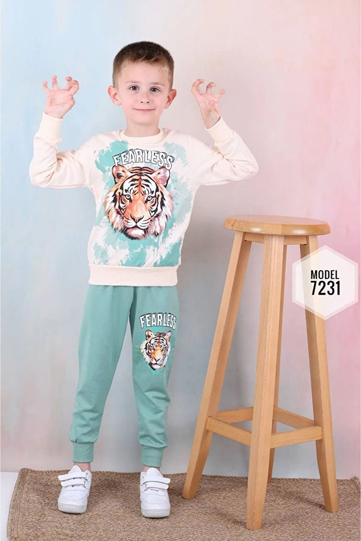 PJK2İ Kaplan Desenli Yeşil 2 İp %100 Pamuk Erkek Çocuk Eşofman Takımı 3-10 Yaş 7231-Y