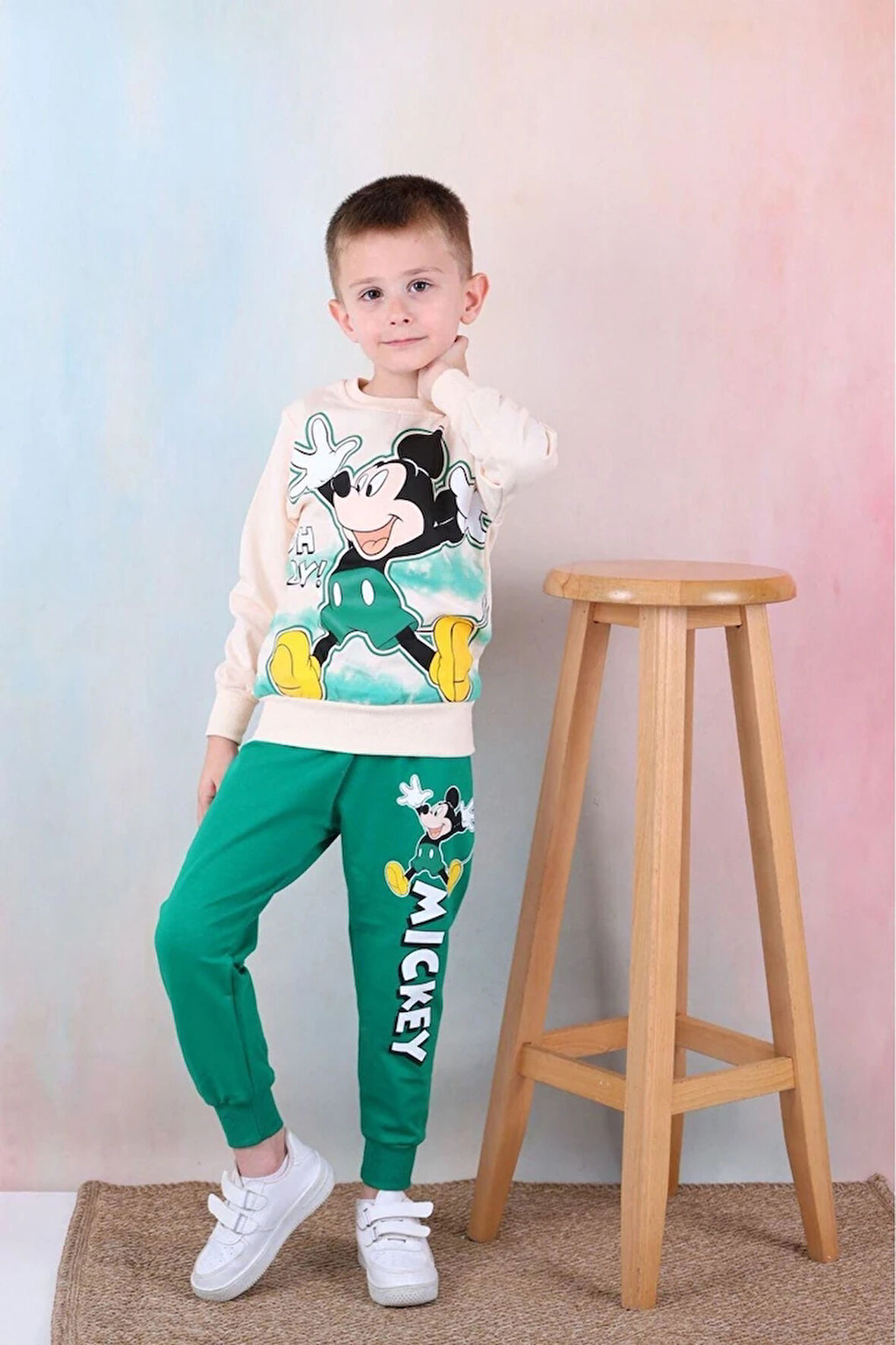PJK2İ Mickey Mouse Desenli Koyu Yeşil 2 İp %100 Pamuk Erkek Çocuk Eşofman Takımı 3-10 Yaş 7238-KY