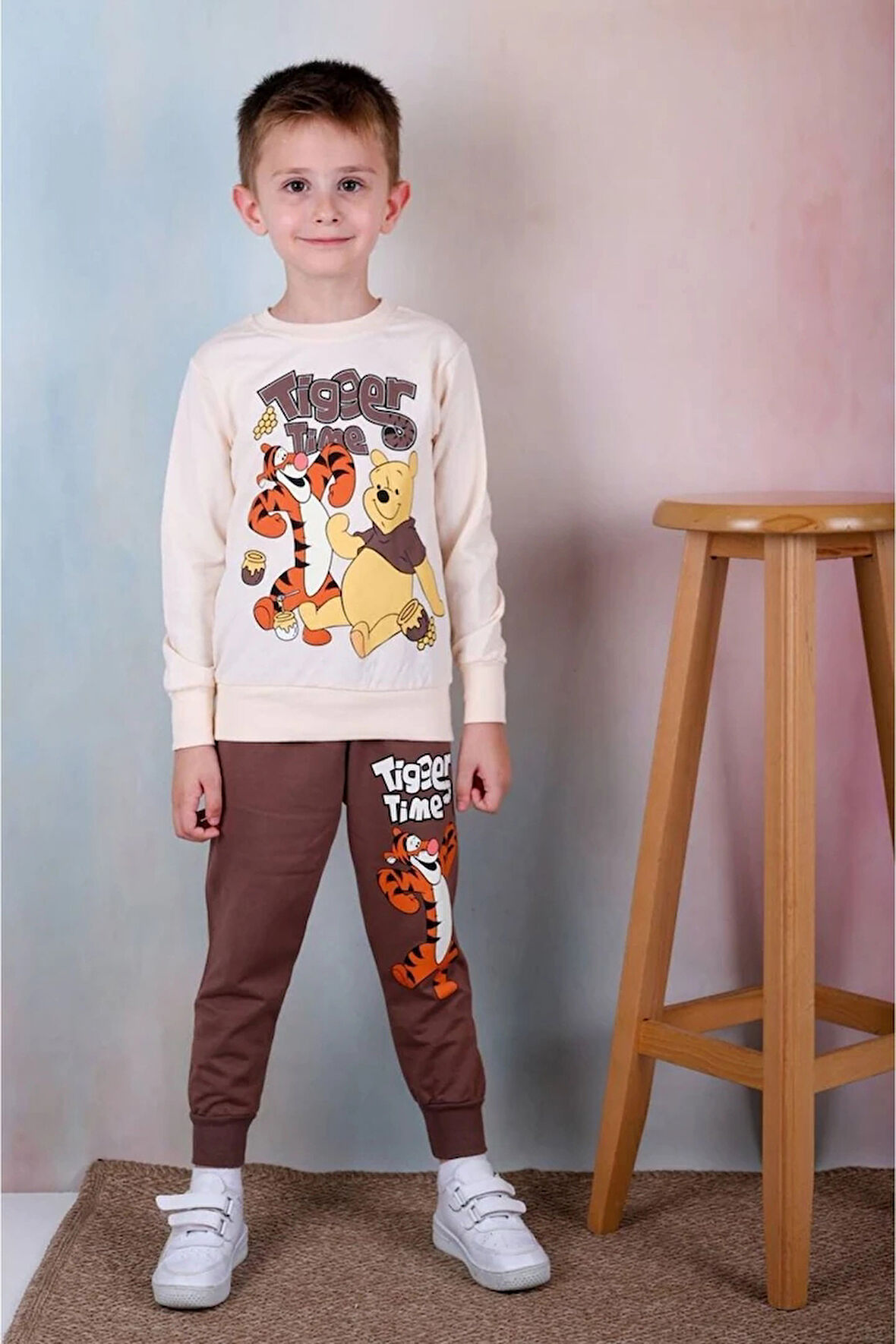 PJK2İ Tiger Winnie Pooh Desenli Kahverengi 2 İp %100 Pamuk Erkek Çocuk Eşofman Takımı 3-10 Yaş 7243-K