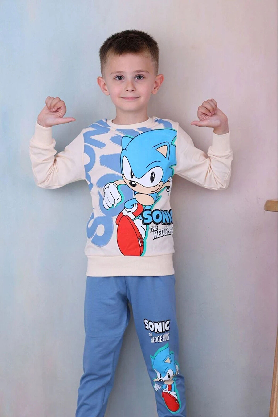 PJK2İ Sonic Desenli Mavi 2 İp %100 Pamuk Erkek Çocuk Eşofman Takımı 3-10 Yaş 7249-M