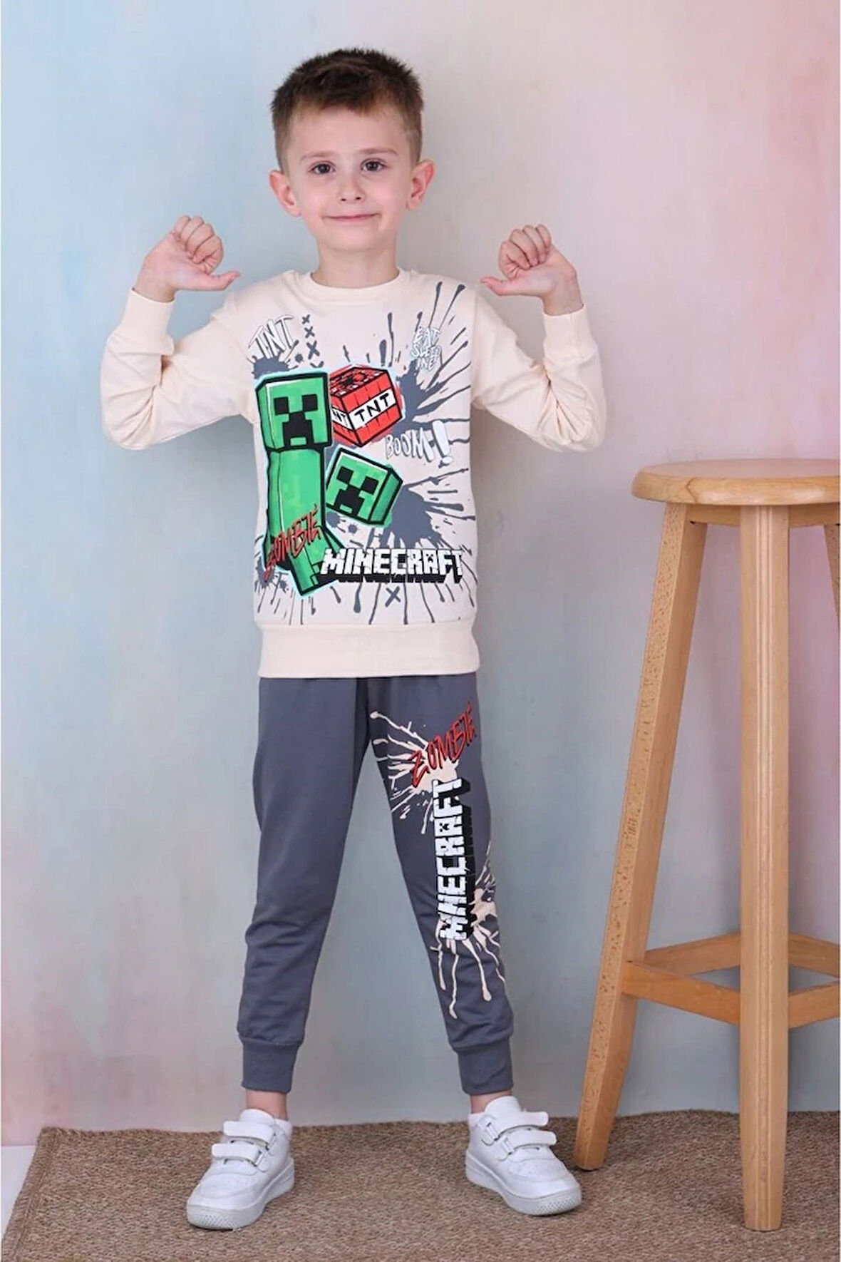 2PJK2İ Minecraft Desenli Füme 2 İp %100 Pamuk Erkek Çocuk Eşofman Takımı 3-10 Yaş 7254-F