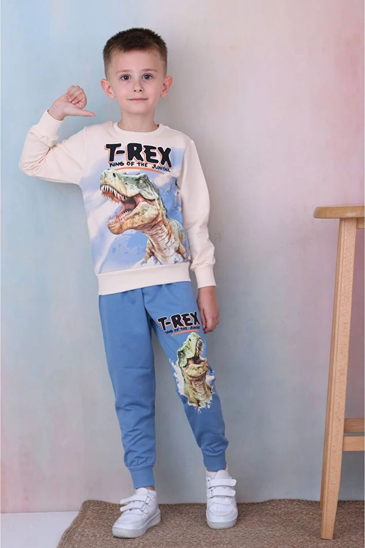 PJK2İ T-rex Desenli Mavi 2 İp %100 Pamuk Erkek Çocuk Eşofman Takımı 3-10 Yaş 7257-M