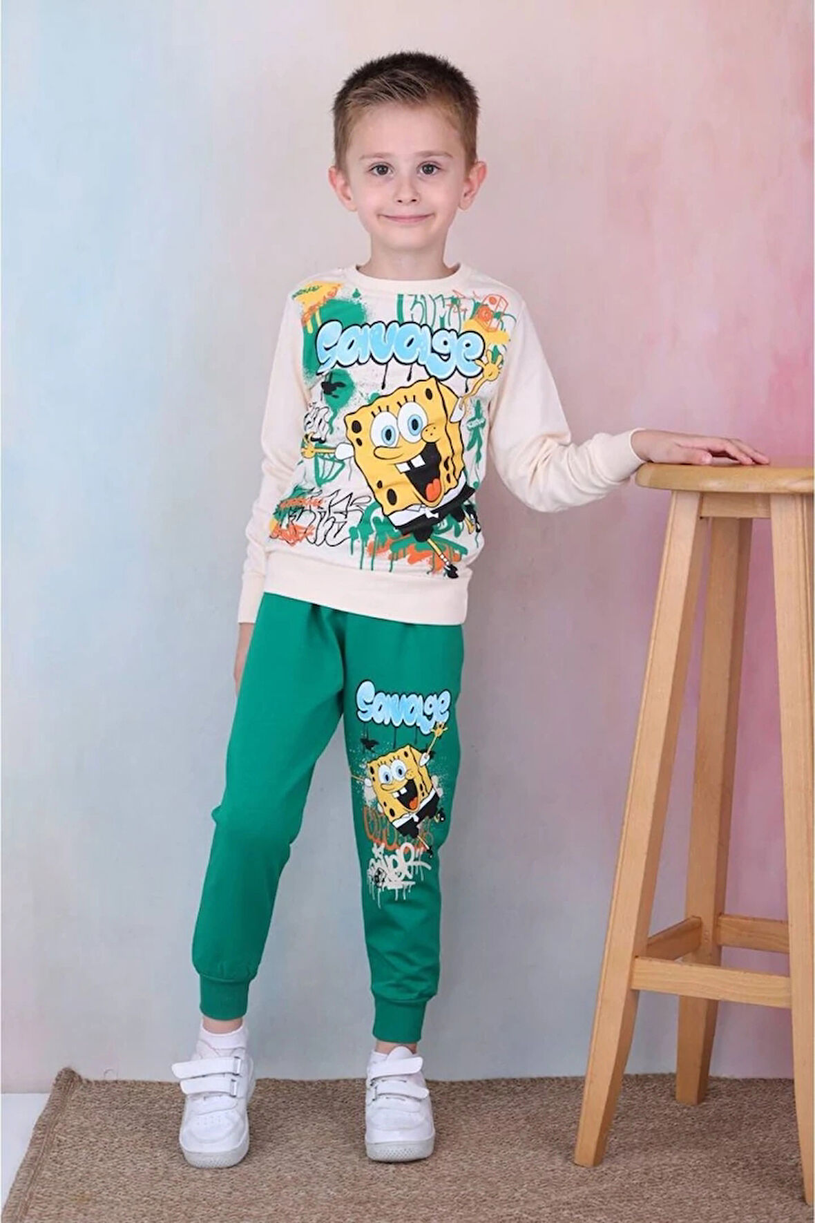 PJK2İ Sünger Bob Desenli Koyu Yeşil 2 İp %100 Pamuk Erkek Çocuk Eşofman Takımı 3-10 Yaş 7276-KY