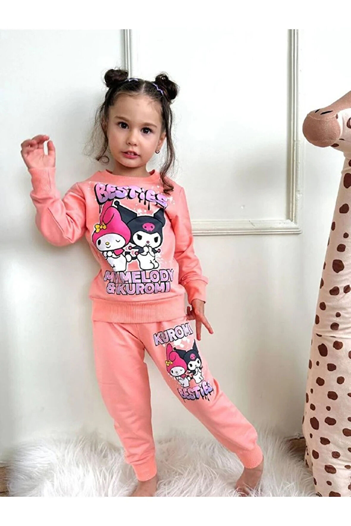 PJK2İ Kuromi Desenli Somon 2 İp %100 Pamuk Kız Çocuk Eşofman Takımı 3-10 Yaş 7278-S