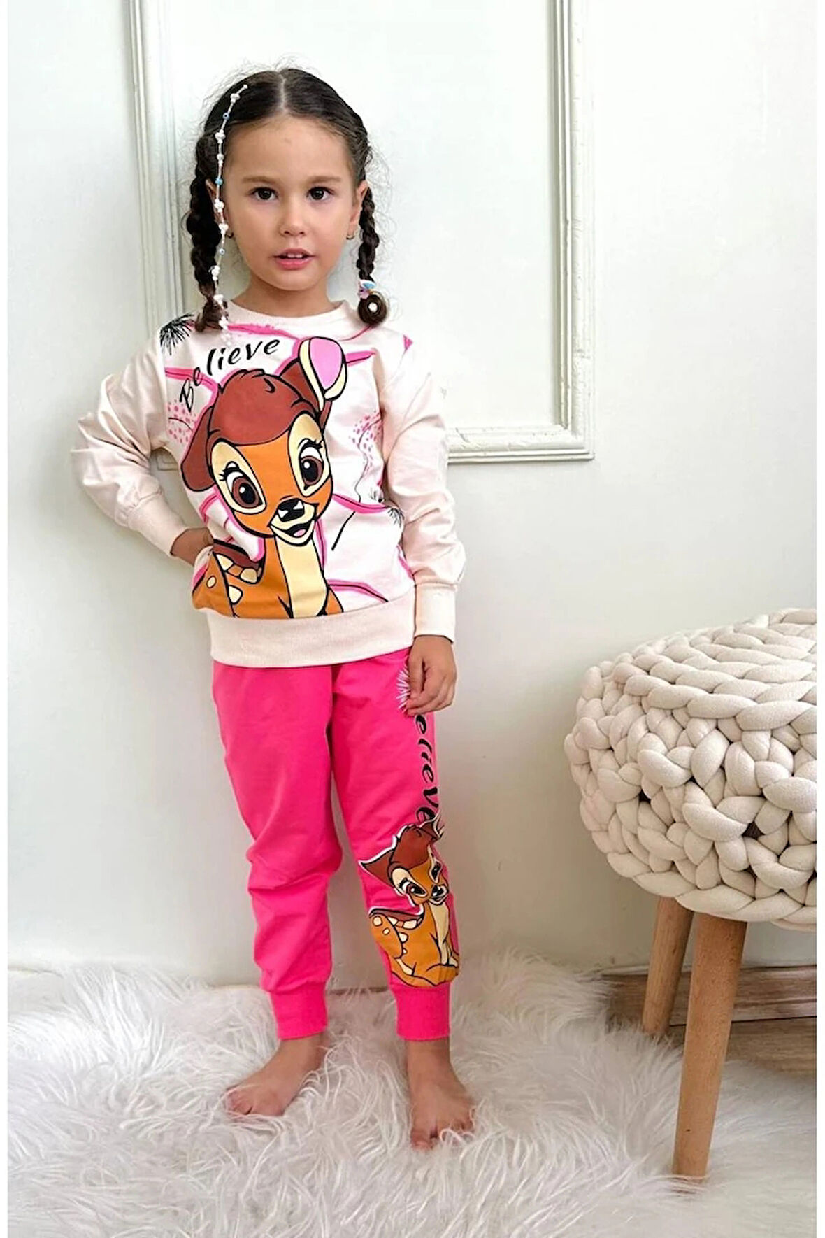 PJK2İ BMB Desenli Fuşya 2 İp %100 Pamuk Kız Çocuk Eşofman Takımı 3-10 Yaş 7282-F