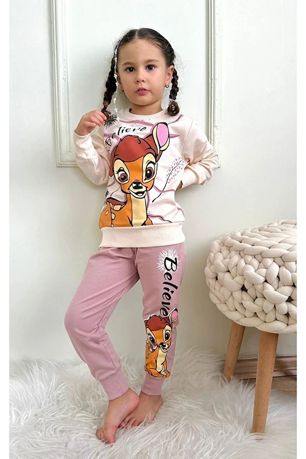 PJK2İ BMB Desenli Gül Kurusu 2 İp %100 Pamuk Kız Çocuk Eşofman Takımı 3-10 Yaş 7282-GK