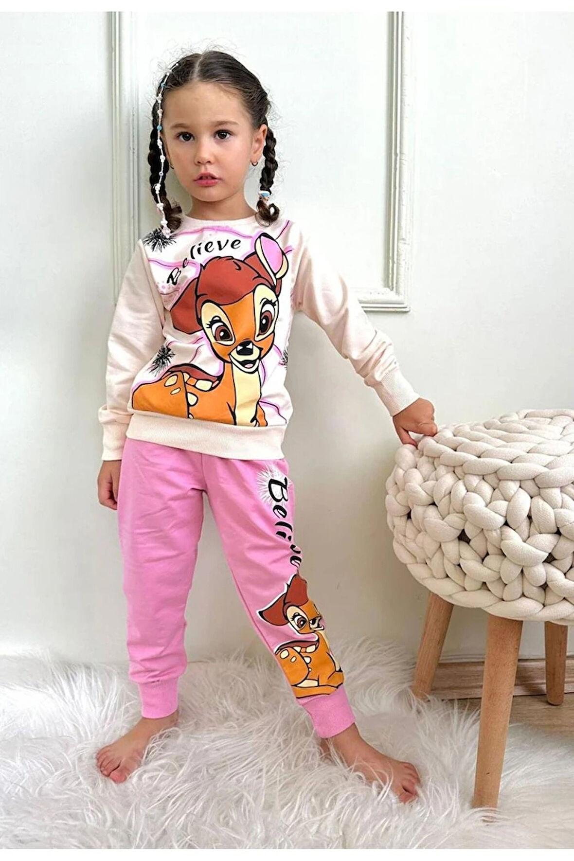 PJK2İ BMB Desenli Pembe 2 İp %100 Pamuk Kız Çocuk Eşofman Takımı 3-10 Yaş 7282-P