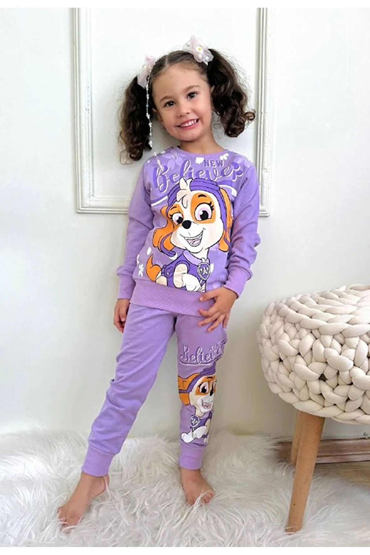 PJK2İ Paw Petrol Desenli Lila 2 İp %100 Pamuk Kız Çocuk Eşofman Takımı 3-10 Yaş 7284-L