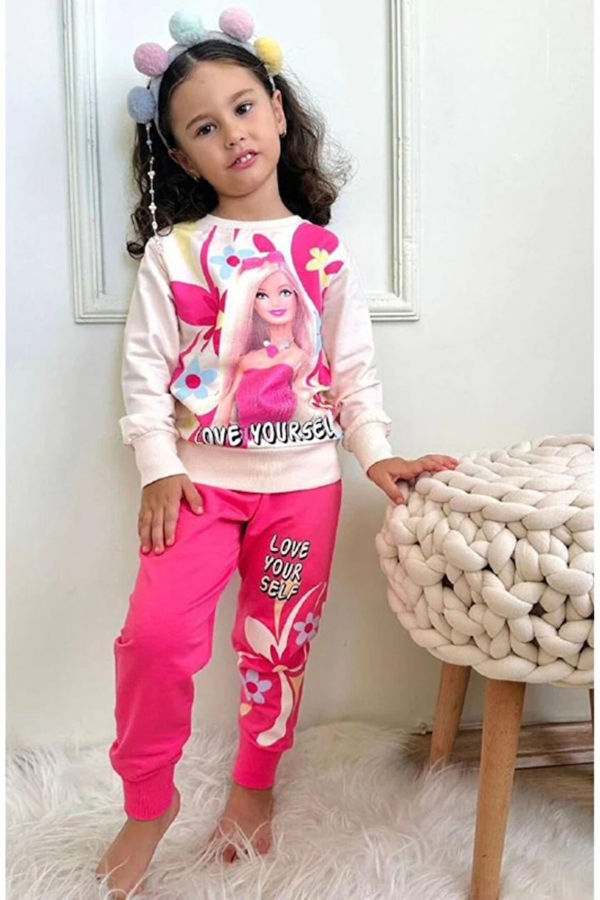 PJK2İ Barbie Desenli Fuşya 2 İp %100 Pamuk Kız Çocuk Eşofman Takımı 3-10 Yaş 7285-F