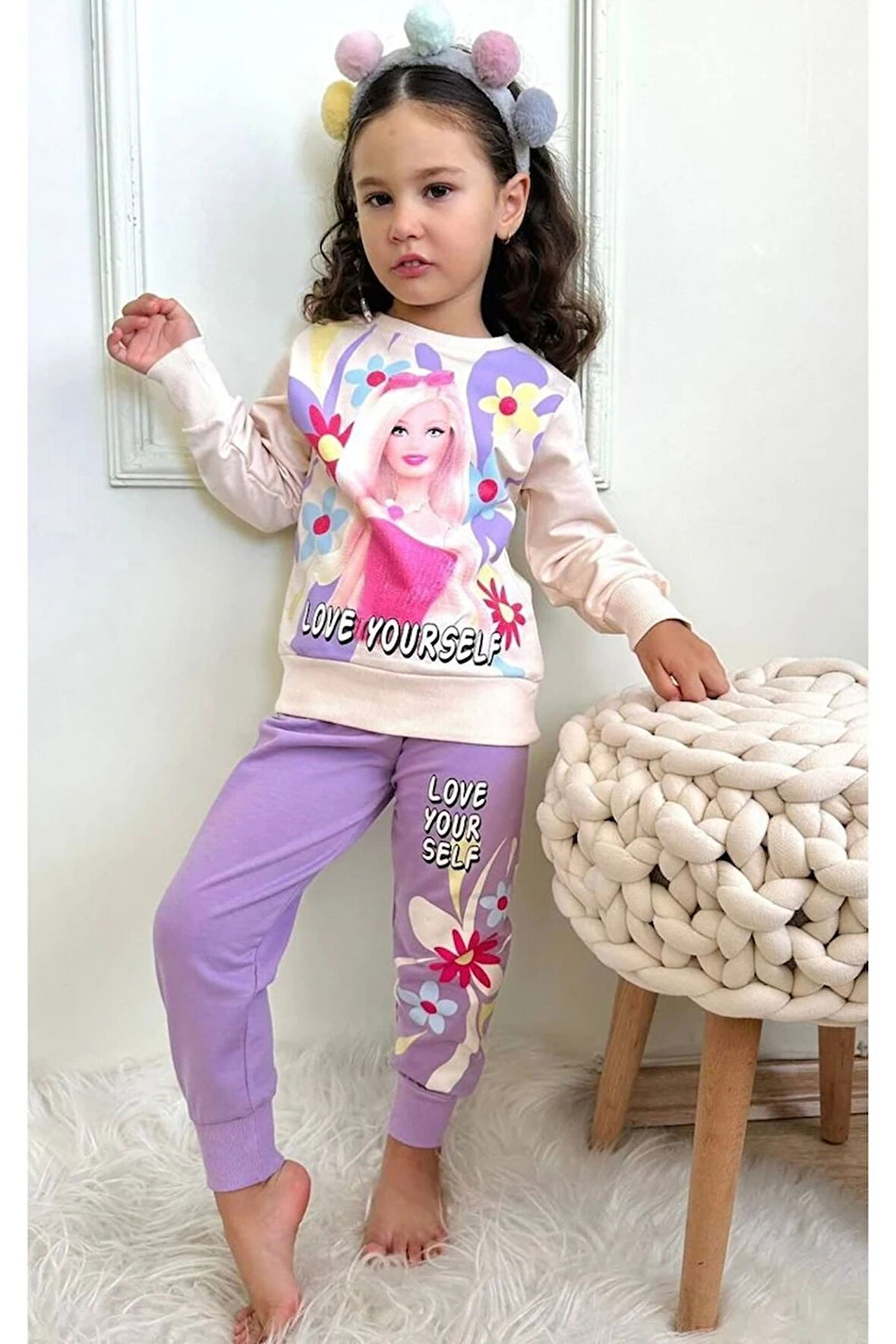 2PJK2İ Barbie Desenli Lila 2 İp %100 Pamuk Kız Çocuk Eşofman Takımı 3-10 Yaş 7285-L
