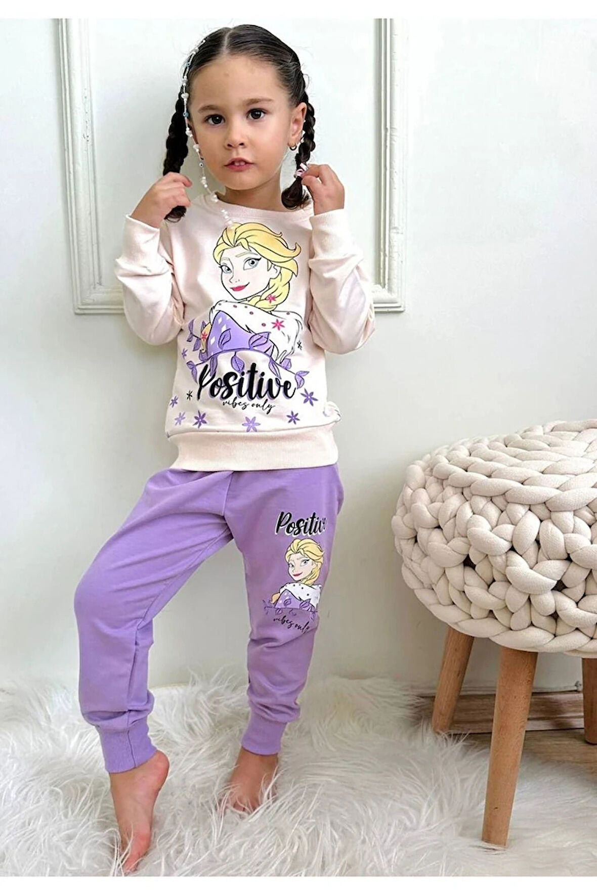 PJK2İ Frozen Elsa Desenli Lila 2 İp %100 Pamuk Kız Çocuk Eşofman Takımı 3-10 Yaş 7287-L
