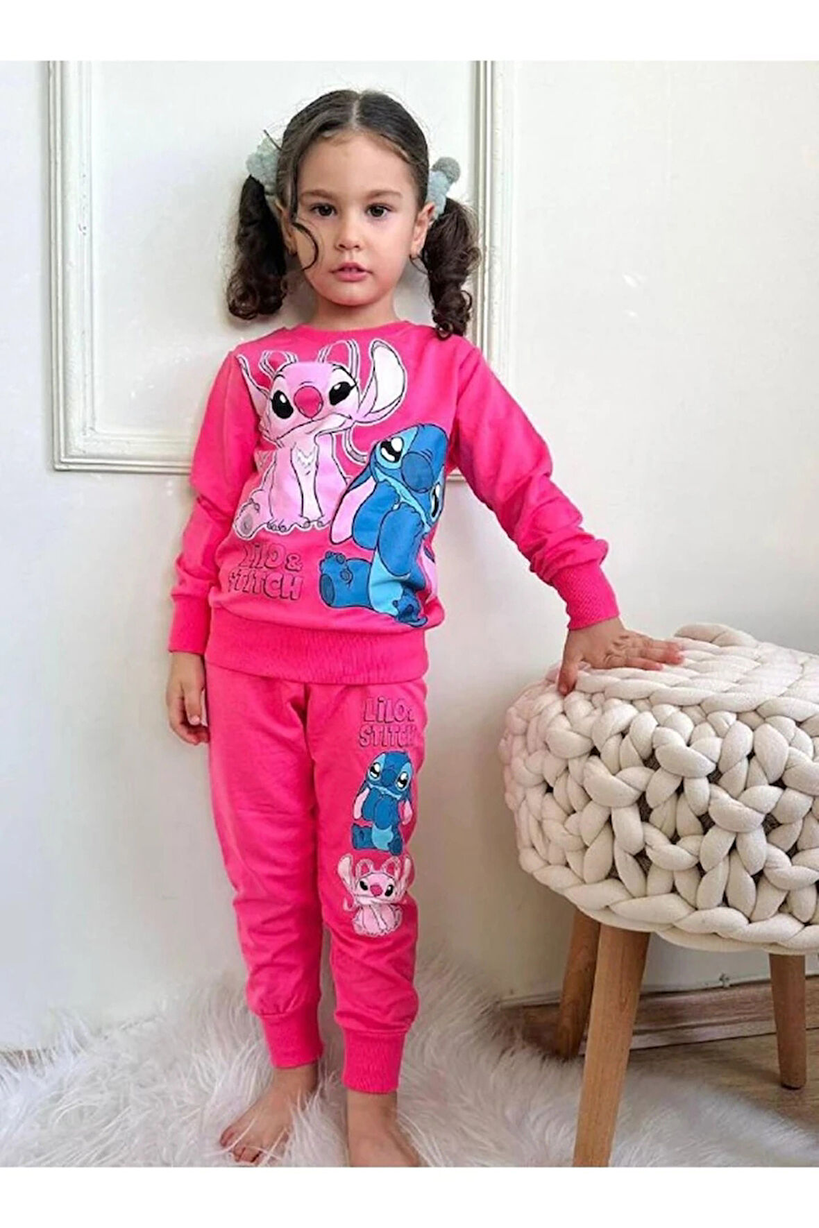 PJK2İ Lilo Stitch Desenli Fuşya 2 İp %100 Pamuk Kız Çocuk Eşofman Takımı 3-10 Yaş 7292-F