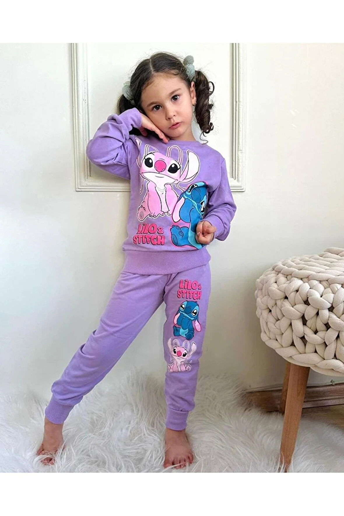 PJK2İ Lilo Stitch Desenli Lila 2 İp %100 Pamuk Kız Çocuk Eşofman Takımı 3-10 Yaş 7292-L