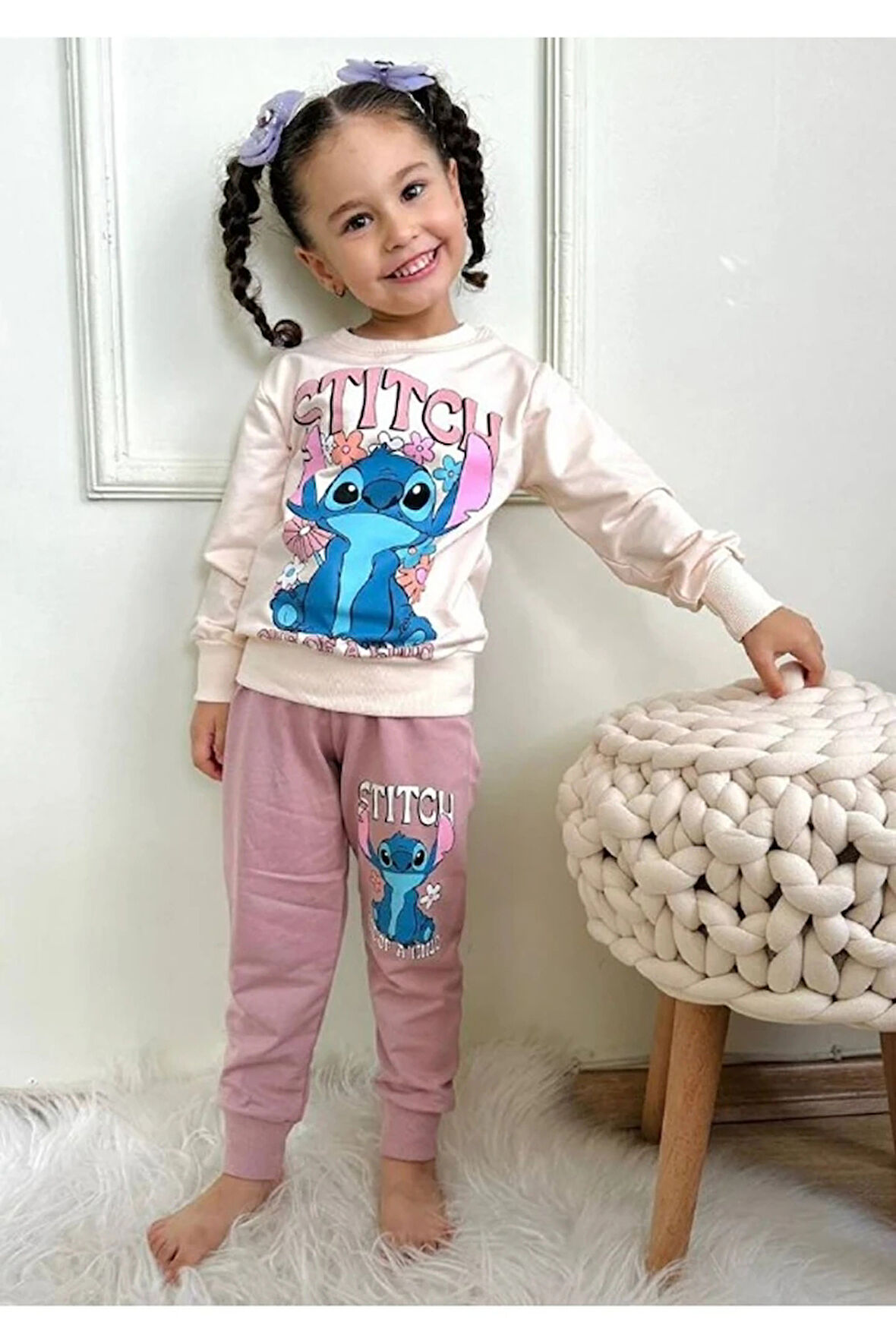 PJK2İ Stitch Desenli Gül Kurusu 2 İp %100 Pamuk Kız Çocuk Eşofman Takımı 3-10 Yaş 7293-GK