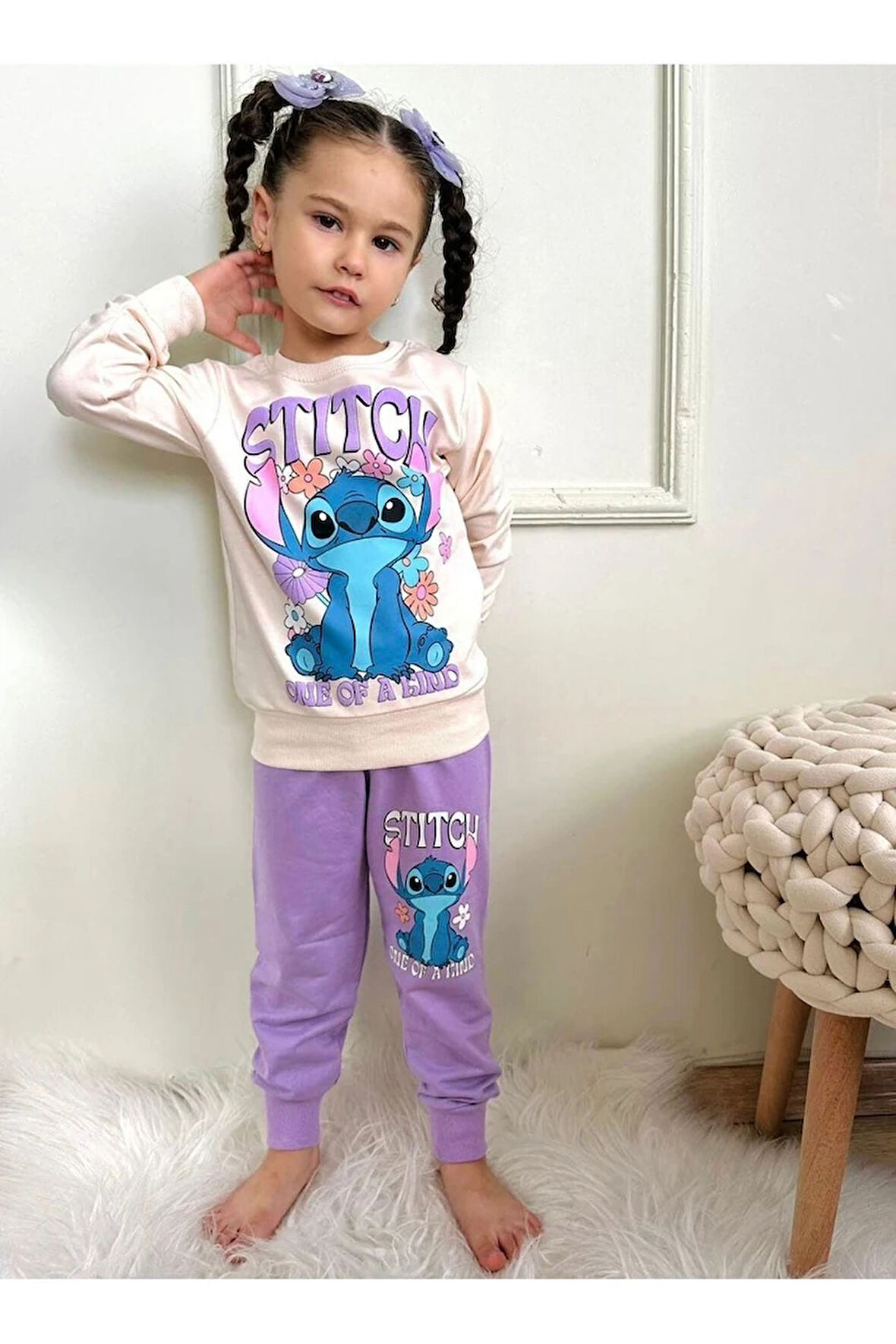 PJK2İ Stitch Desenli Lila 2 İp %100 Pamuk Kız Çocuk Eşofman Takımı 3-10 Yaş 7293-L