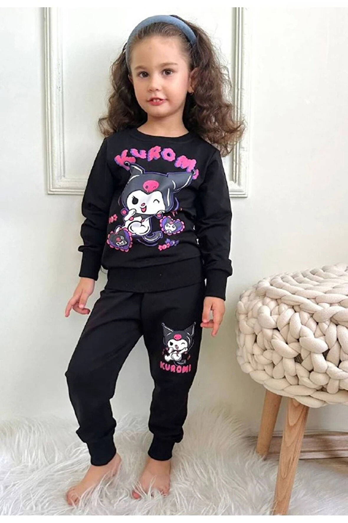 2PJK2İ Kuromi Desenli Siyah 2 İp %100 Pamuk Kız Çocuk Eşofman Takımı 3-10 Yaş 7312-Sİ