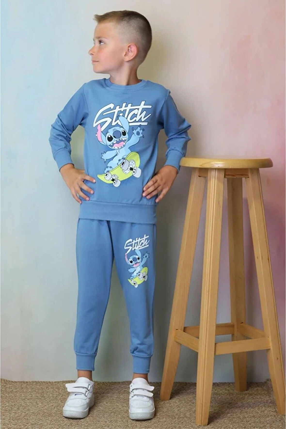 PJK2İ Stitch Desenli Mavi 2 İp %100 Pamuk Erkek Çocuk Eşofman Takımı 3-10 Yaş 7319-M