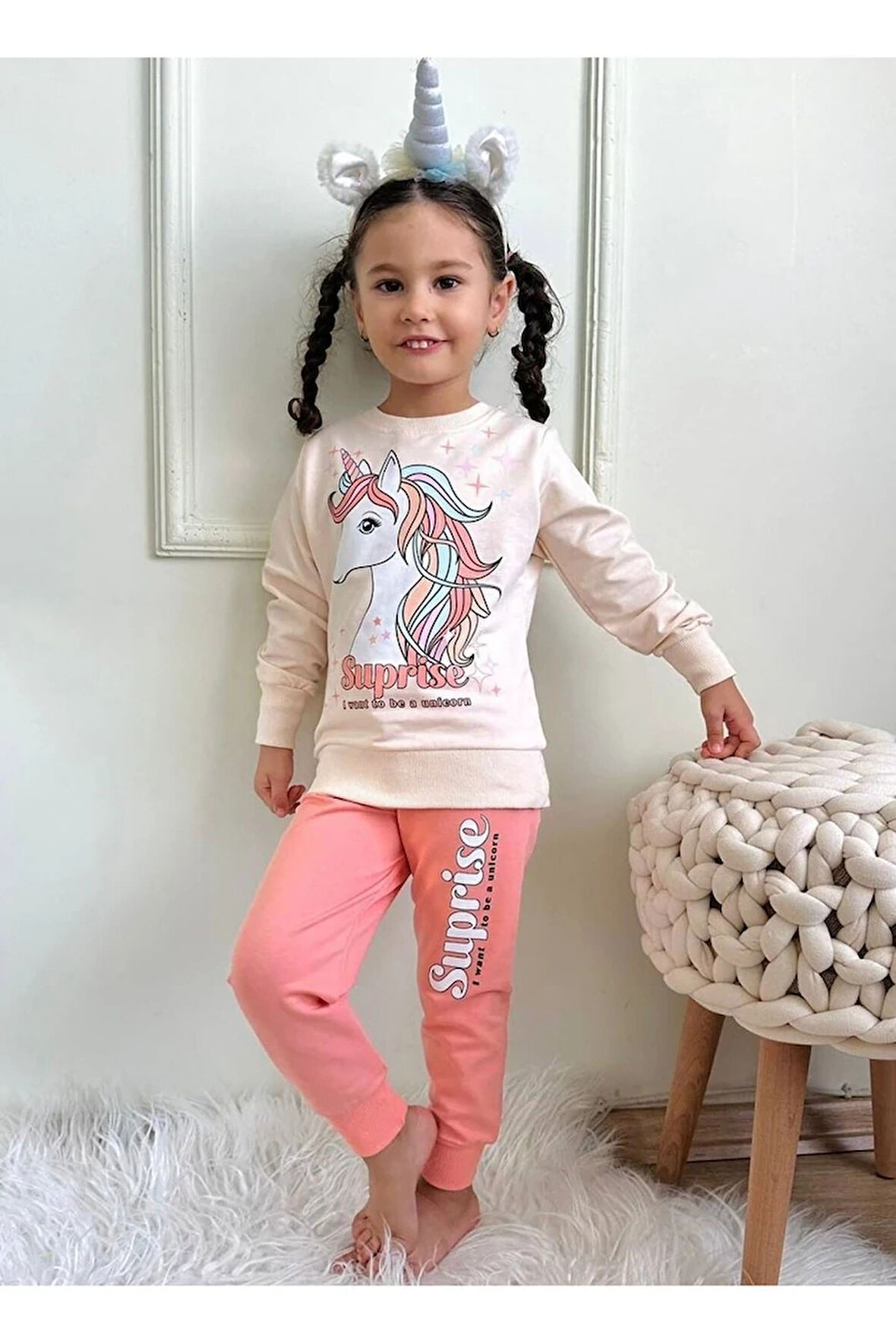 PJK2İ Unicorn Desenli Somon 2 İp %100 Pamuk Kız Çocuk Eşofman Takımı 3-10 Yaş 7322-S