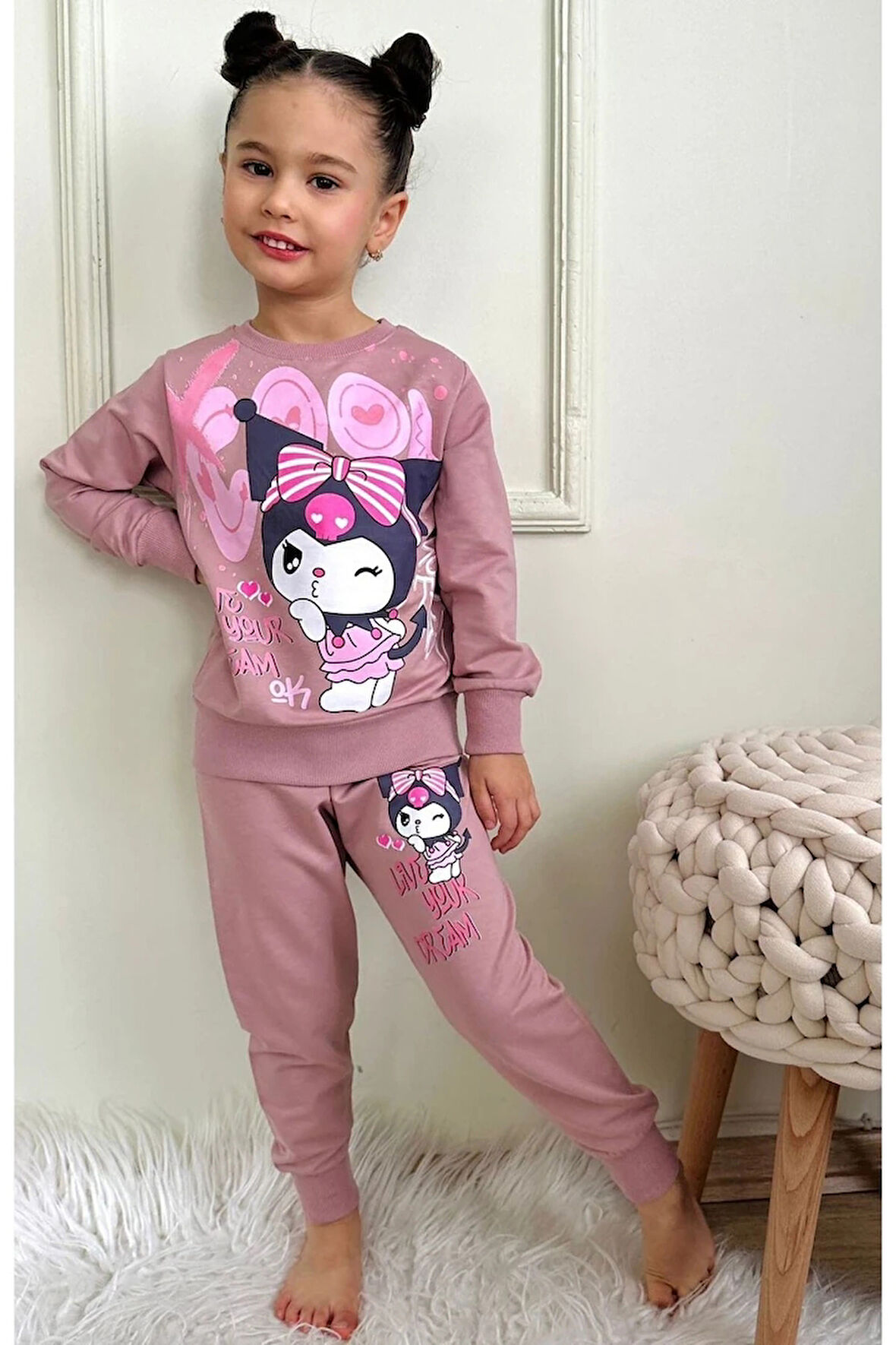 PJK2İ Kuromi Desenli Gül Kurusu 2 İp %100 Pamuk Kız Çocuk Eşofman Takımı 3-10 Yaş 7404-GK