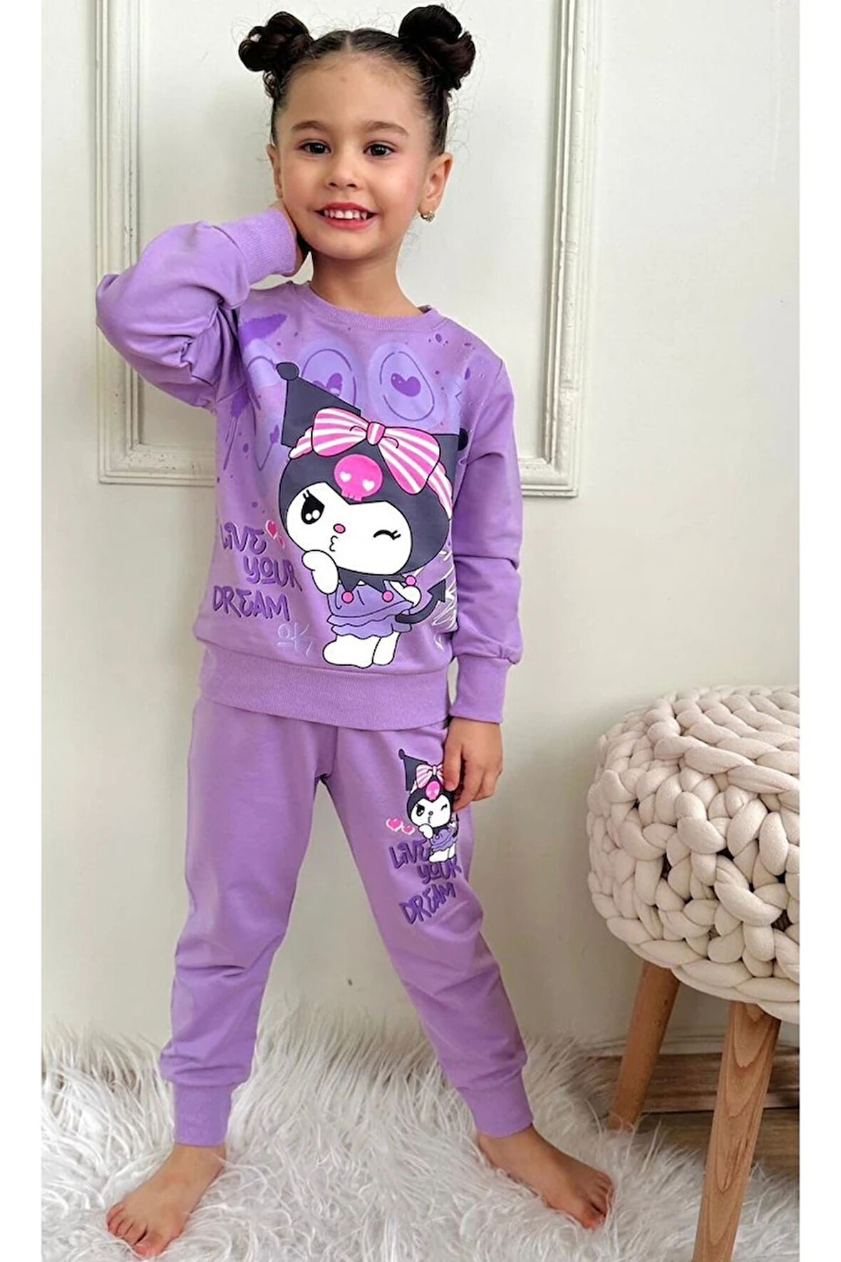 PJK2İ Kuromi Desenli Lila 2 İp %100 Pamuk Kız Çocuk Eşofman Takımı 3-10 Yaş 7404-L