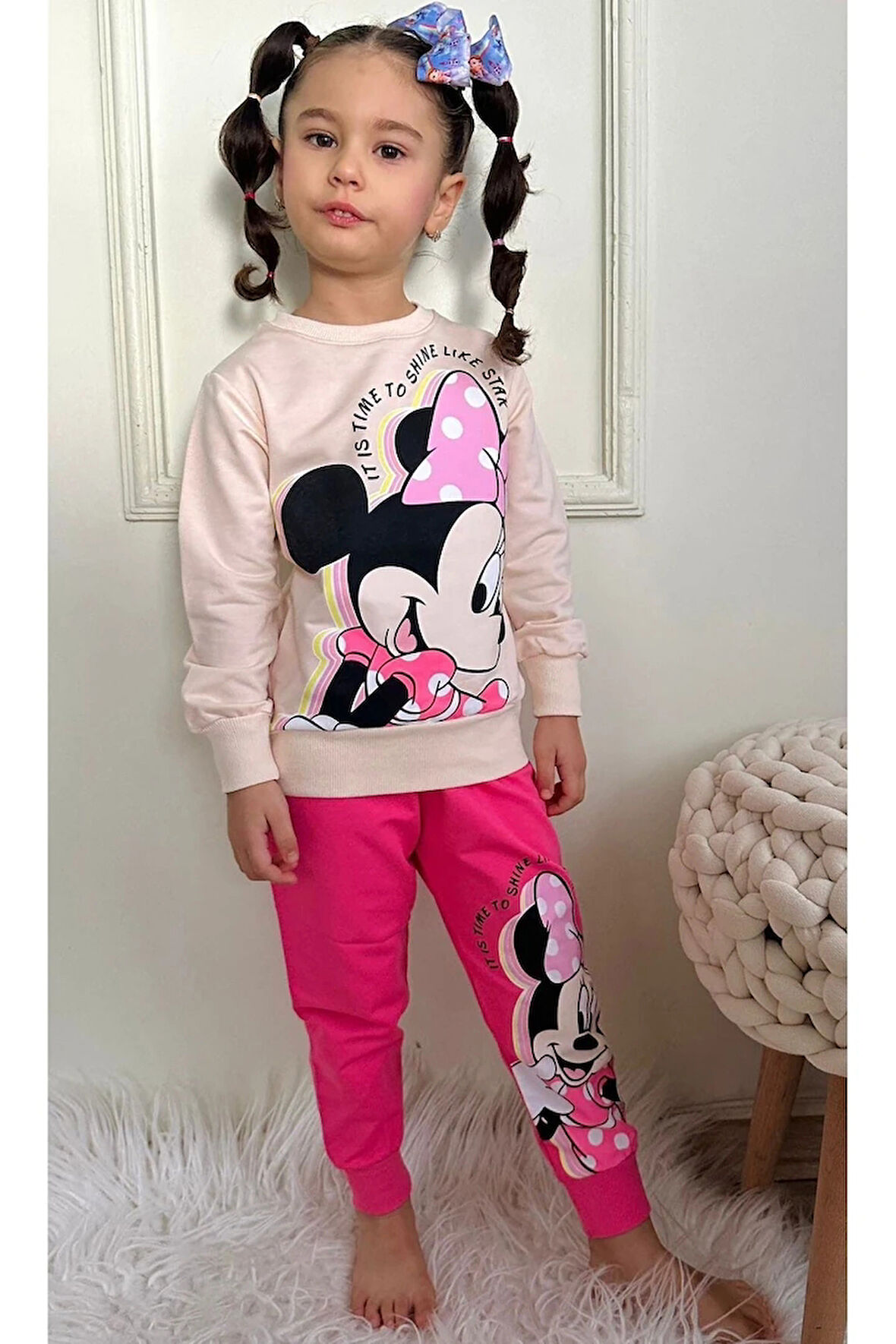 PJK2İ Minie Mause Desenli Fuşya 2 İp %100 Pamuk Kız Çocuk Eşofman Takımı 3-10 Yaş 7406-F