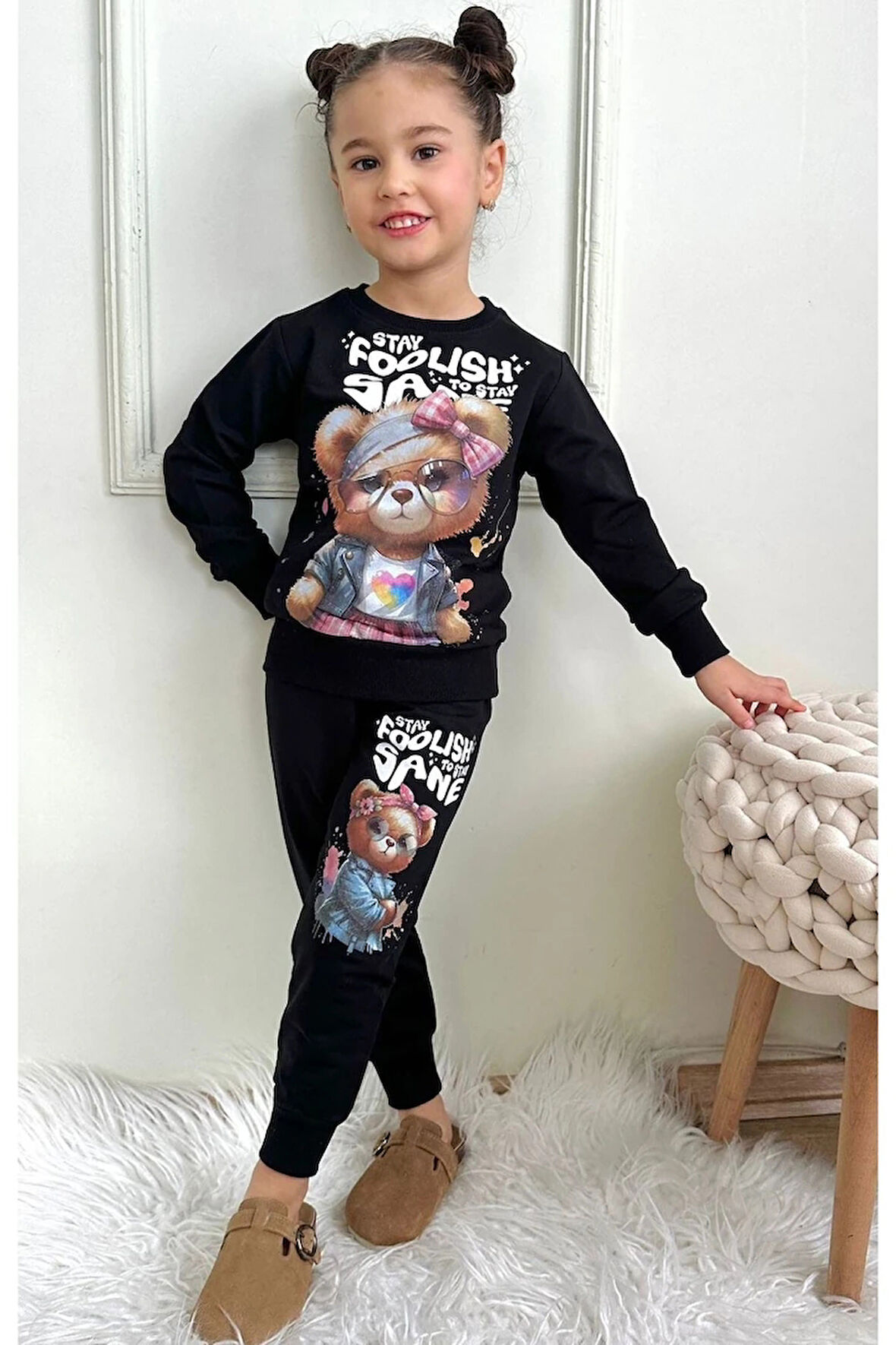 PJK2İ Süslü Ayıcık Desenli Somon 2 İp %100 Pamuk Kız Çocuk Eşofman Takımı 3-10 Yaş 7407-SI