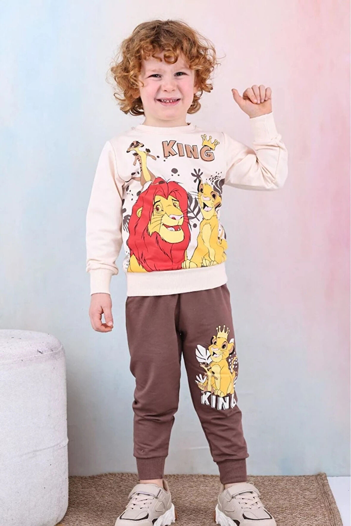 PJK2İ Lion King Desenli Kahverengi 2 İp %100 Pamuk Erkek Çocuk Eşofman Takımı 3-10 Yaş 7425-K