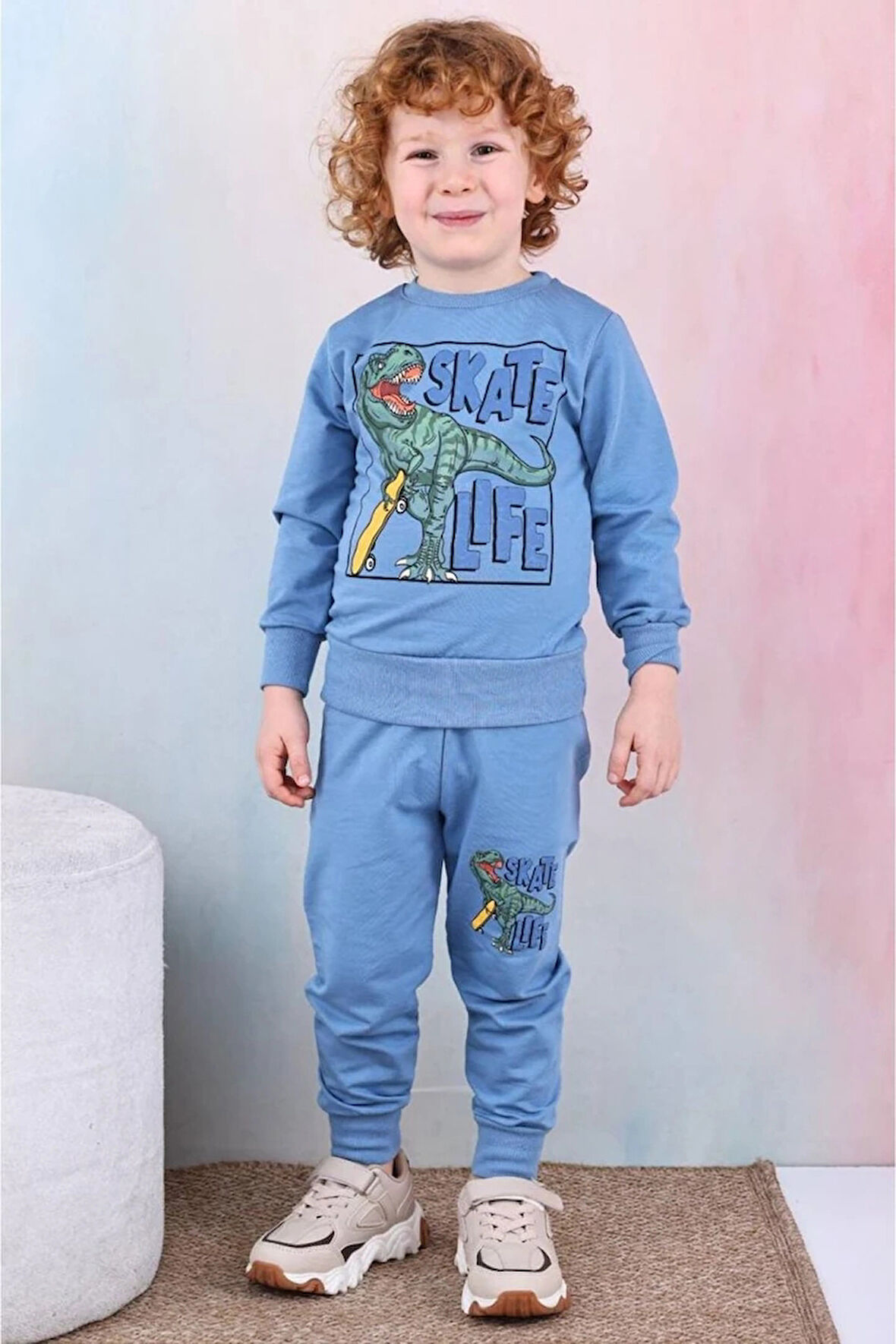 PJK2İ Dinazor Desenli Mavi 2 İp %100 Pamuk Erkek Çocuk Eşofman Takımı 3-10 Yaş 7426-M