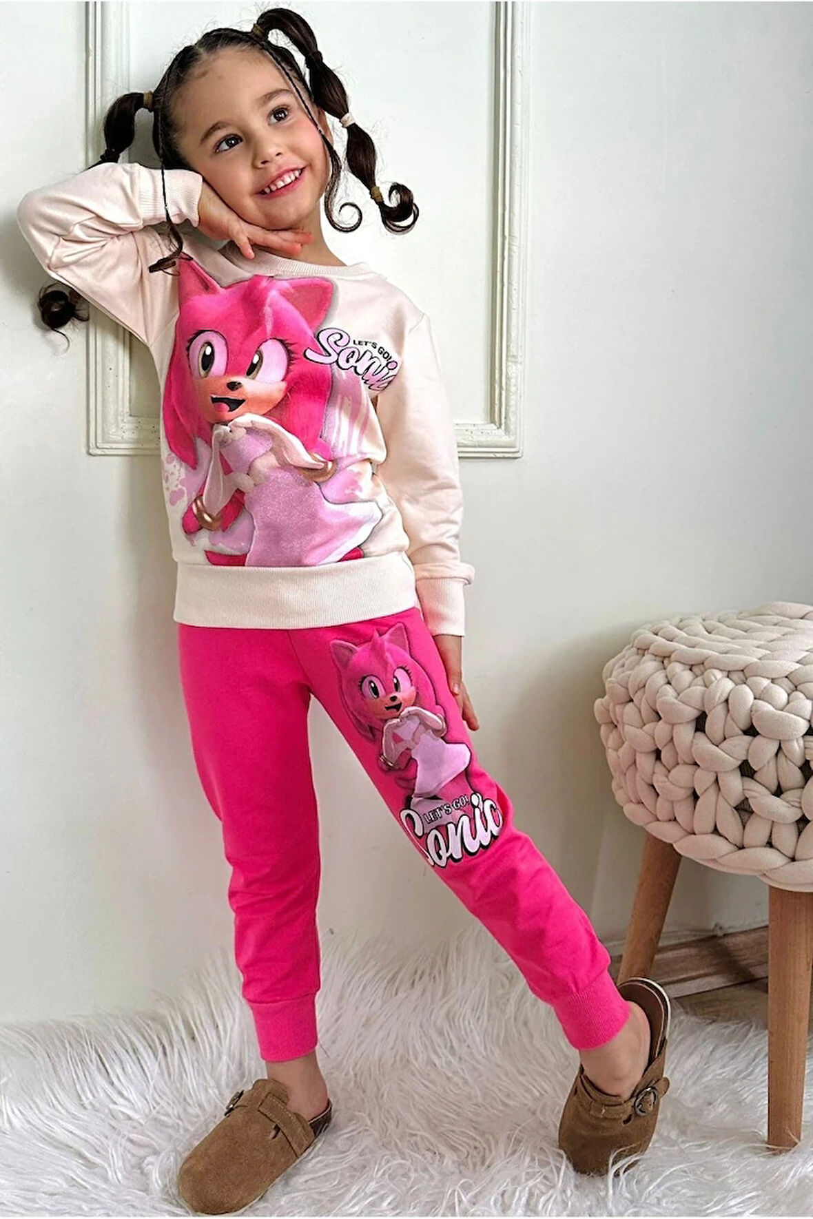 PJK2İ Kız Sonic Desenli Fuşya 2 İp %100 Pamuk Kız Çocuk Eşofman Takımı 3-10 Yaş 7441-F