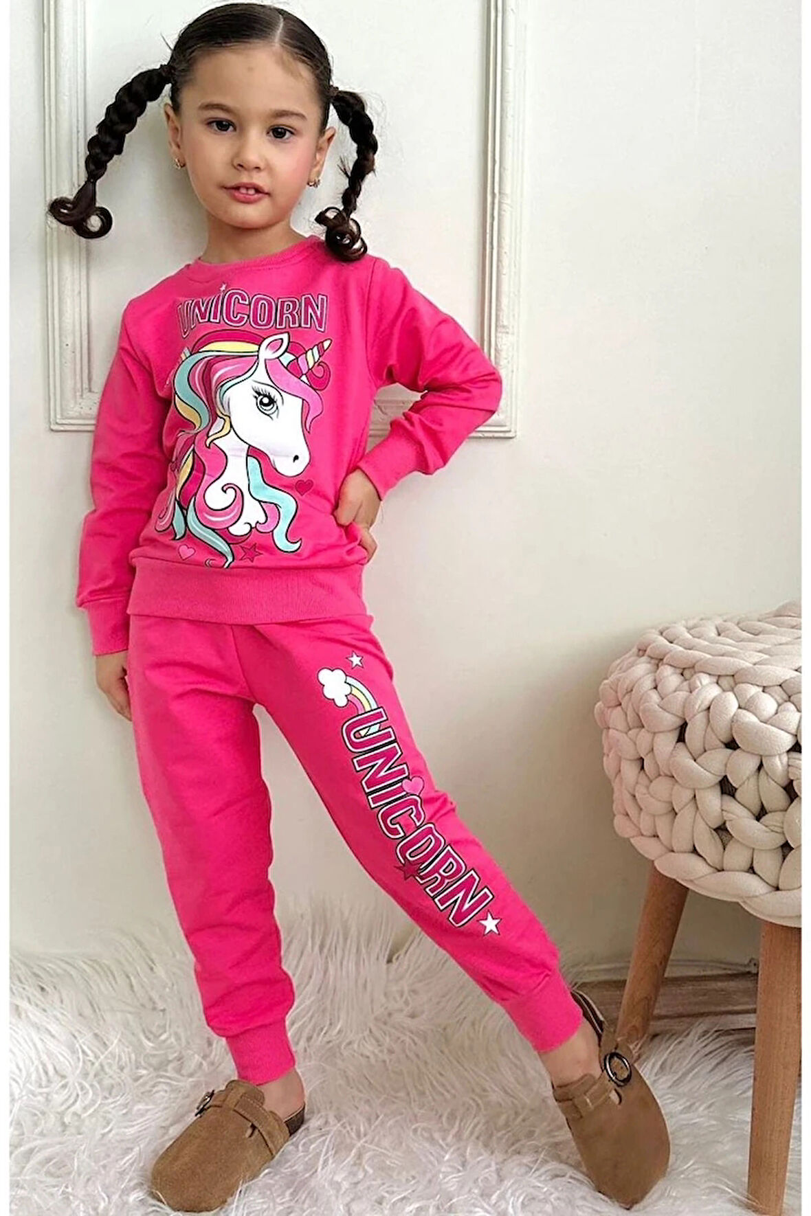 PJK2İ Unicorn Desenli Fuşya 2 İp %100 Pamuk Kız Çocuk Eşofman Takımı 3-10 Yaş 7447-F