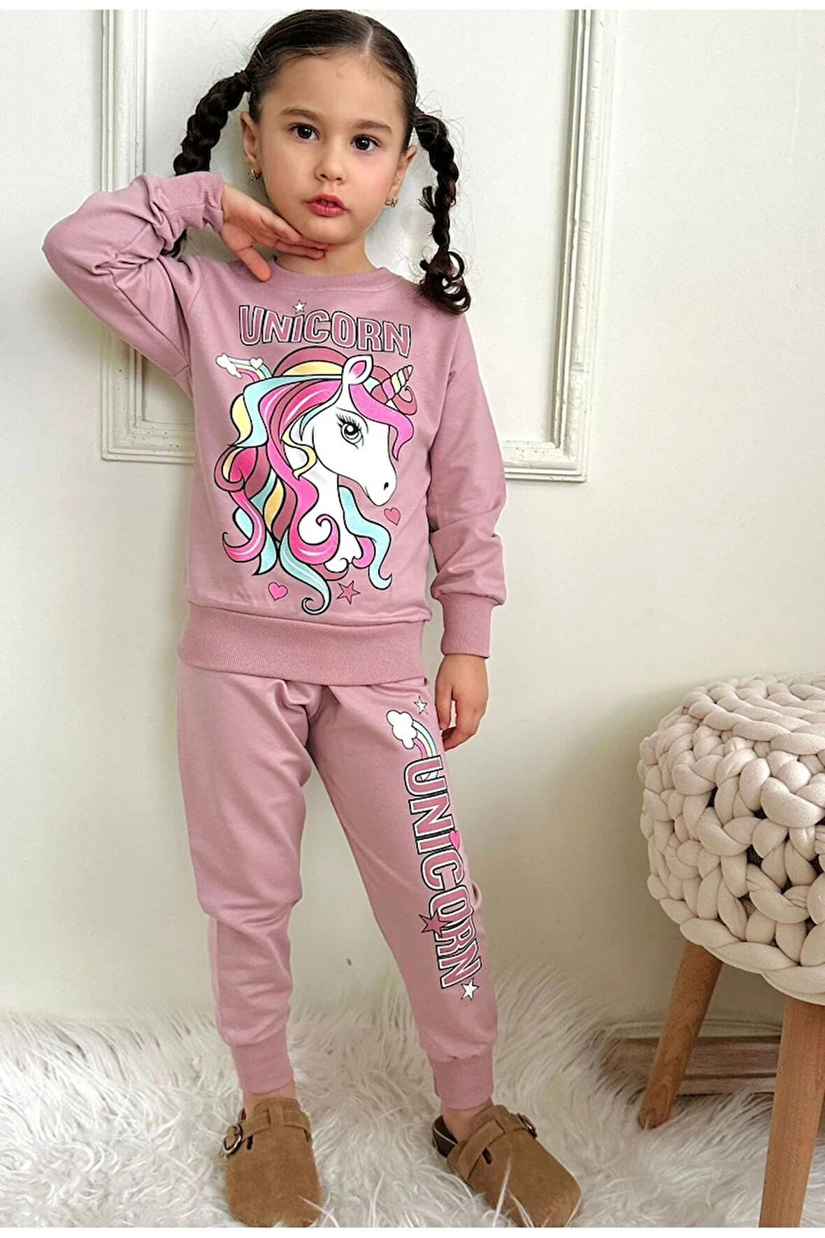 PJK2İ Unicorn Desenli Gül Kurusu 2 İp %100 Pamuk Kız Çocuk Eşofman Takımı 3-10 Yaş 7447-GK