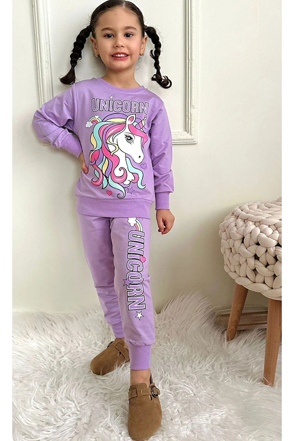 PJK2İ Unicorn Desenli Lila 2 İp %100 Pamuk Kız Çocuk Eşofman Takımı 3-10 Yaş 7447-L