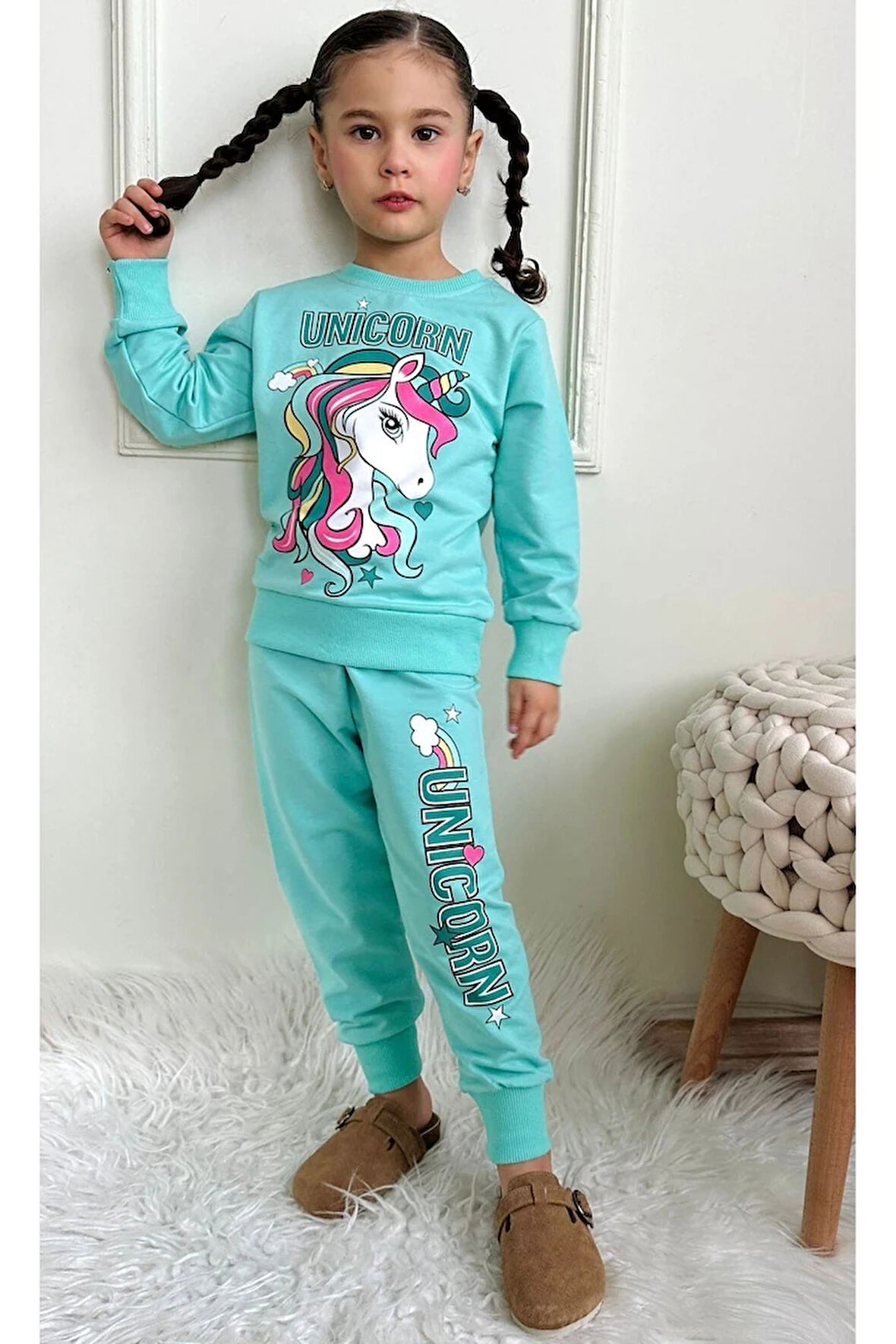 PJK2İ Unicorn Desenli Yeşil 2 İp %100 Pamuk Kız Çocuk Eşofman Takımı 3-10 Yaş 7447-Y