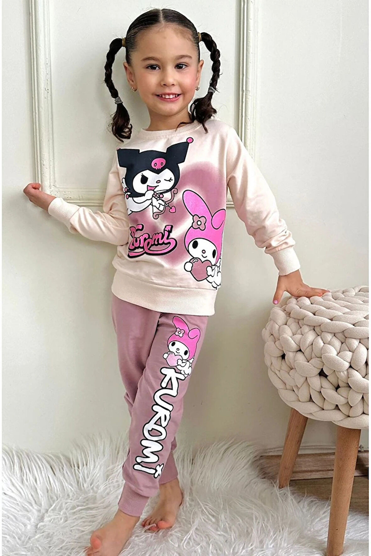 PJK2İ Kuromi Desenli Gül Kurusu 2 İp %100 Pamuk Kız Çocuk Eşofman Takımı 3-10 Yaş 7448-GK
