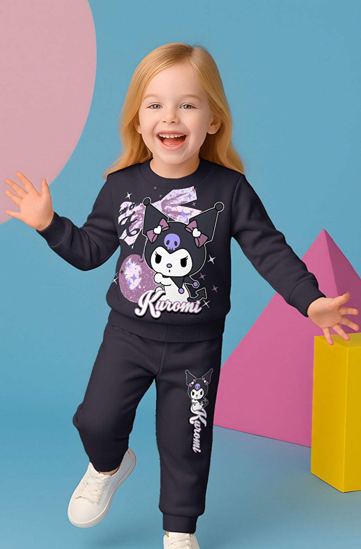 PJK2İ Kuromi Desenli 2 İp %100 Pamuk Kız Çocuk Eşofman Takımı 3-10 Yaş 8116
