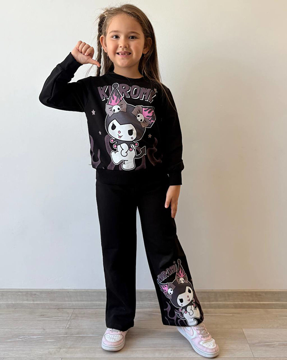 PJK2İ Kuromi Desenli Bol Paça 2 İp %100 Pamuk Kız Çocuk Takımı 3-10 Yaş 8173