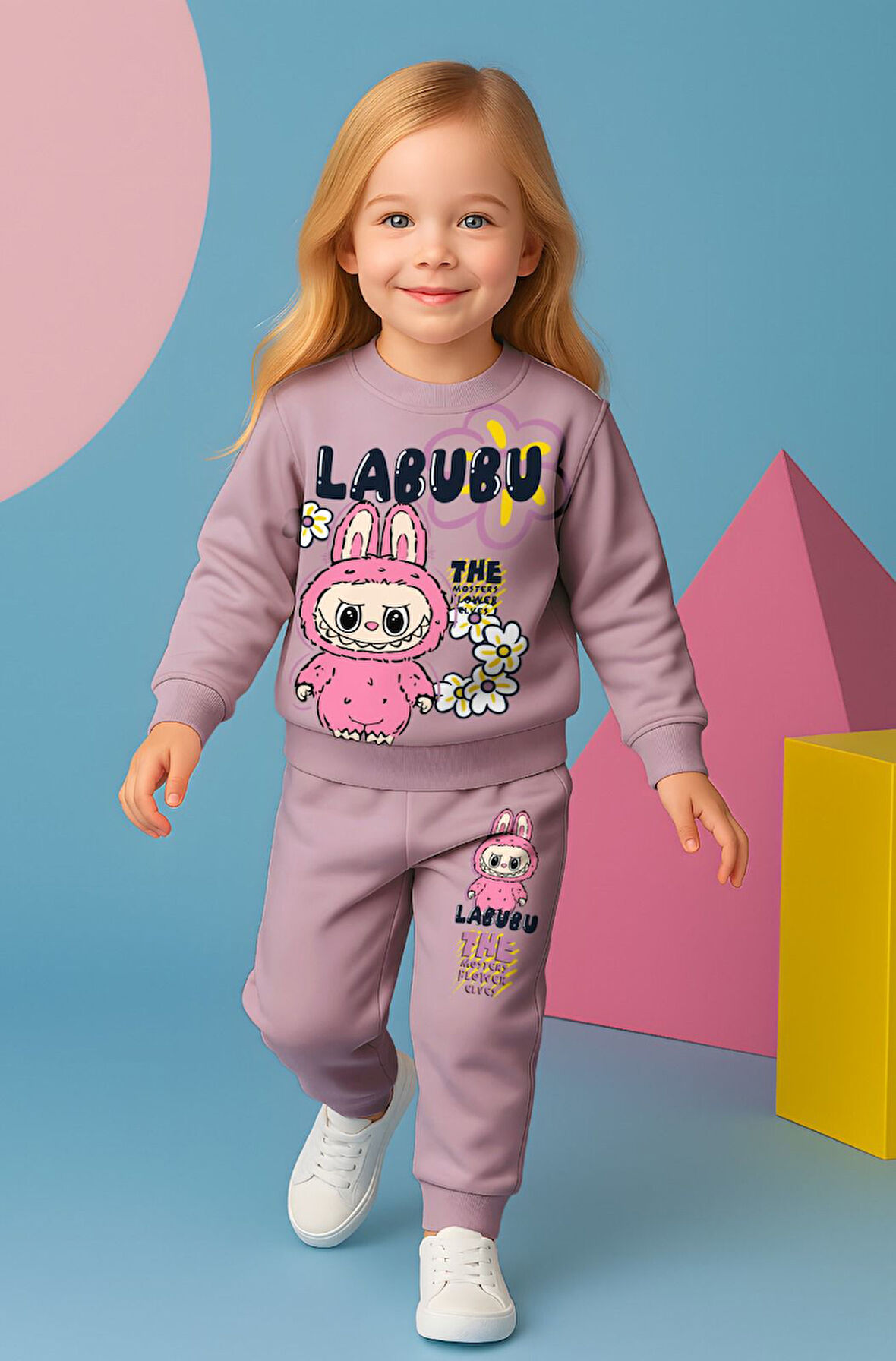 PJK2İ Labubu Desenli 2 İp %100 Pamuk Kız Çocuk Eşofman Takımı 3-10 Yaş 8174