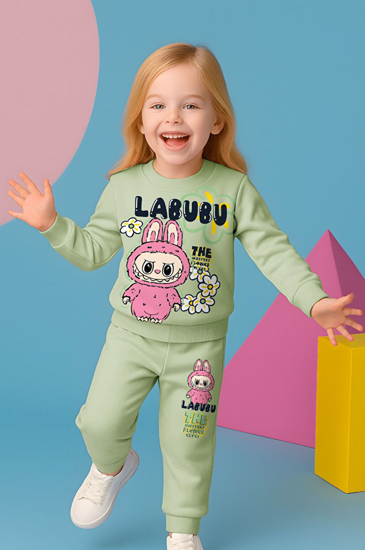 PJK2İ Labubu Desenli 2 İp %100 Pamuk Kız Çocuk Eşofman Takımı 3-10 Yaş 8174