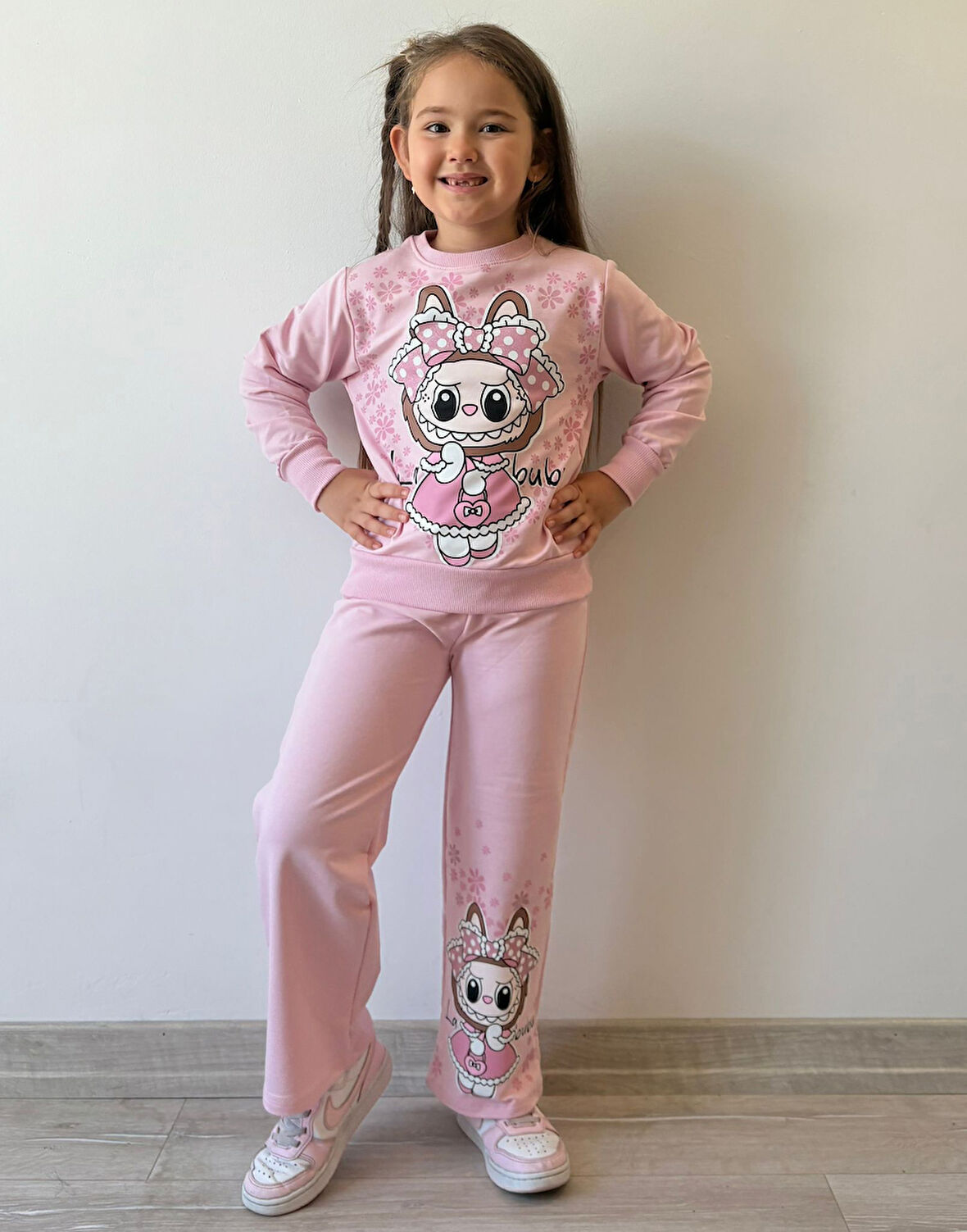 PJK2İ Labubu Desenli Pembe Bol Paça 2 İp %100 Pamuk Kız Çocuk Takımı 3-10 Yaş 8186-P