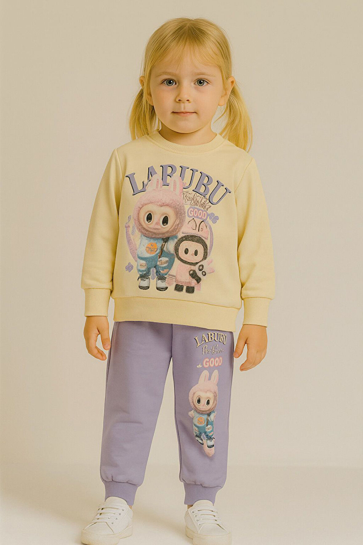 PJK2İ Labubu Desenli 2 İp %100 Pamuk Kız Çocuk Eşofman Takımı 3-10 Yaş 8187