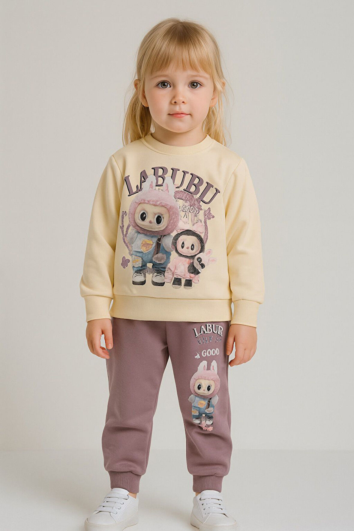PJK2İ Labubu Desenli 2 İp %100 Pamuk Kız Çocuk Eşofman Takımı 3-10 Yaş 8187